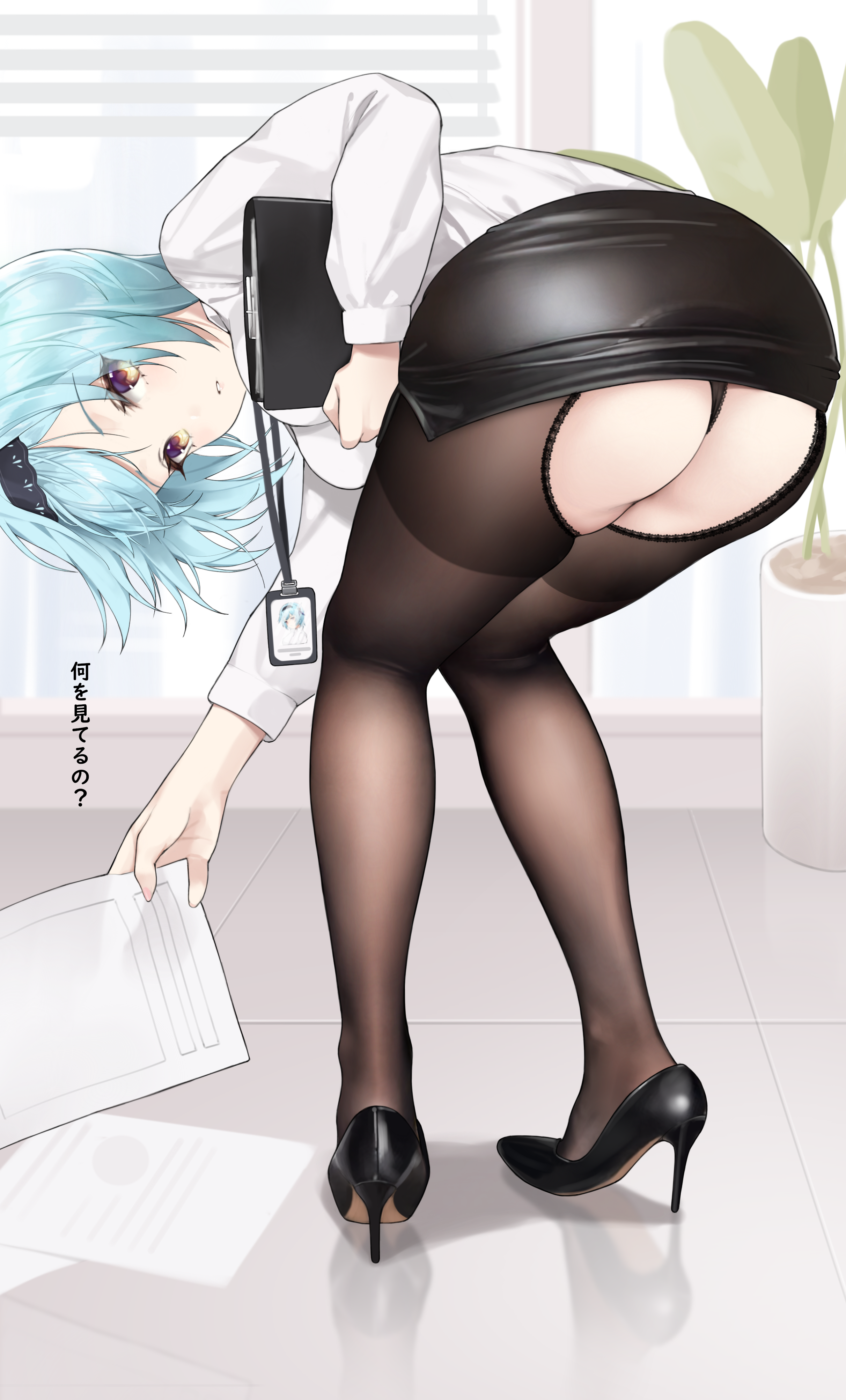 ass dress_shirt eula genshin_impact heels hyouuma pantsu pantyhose skirt_lift thong