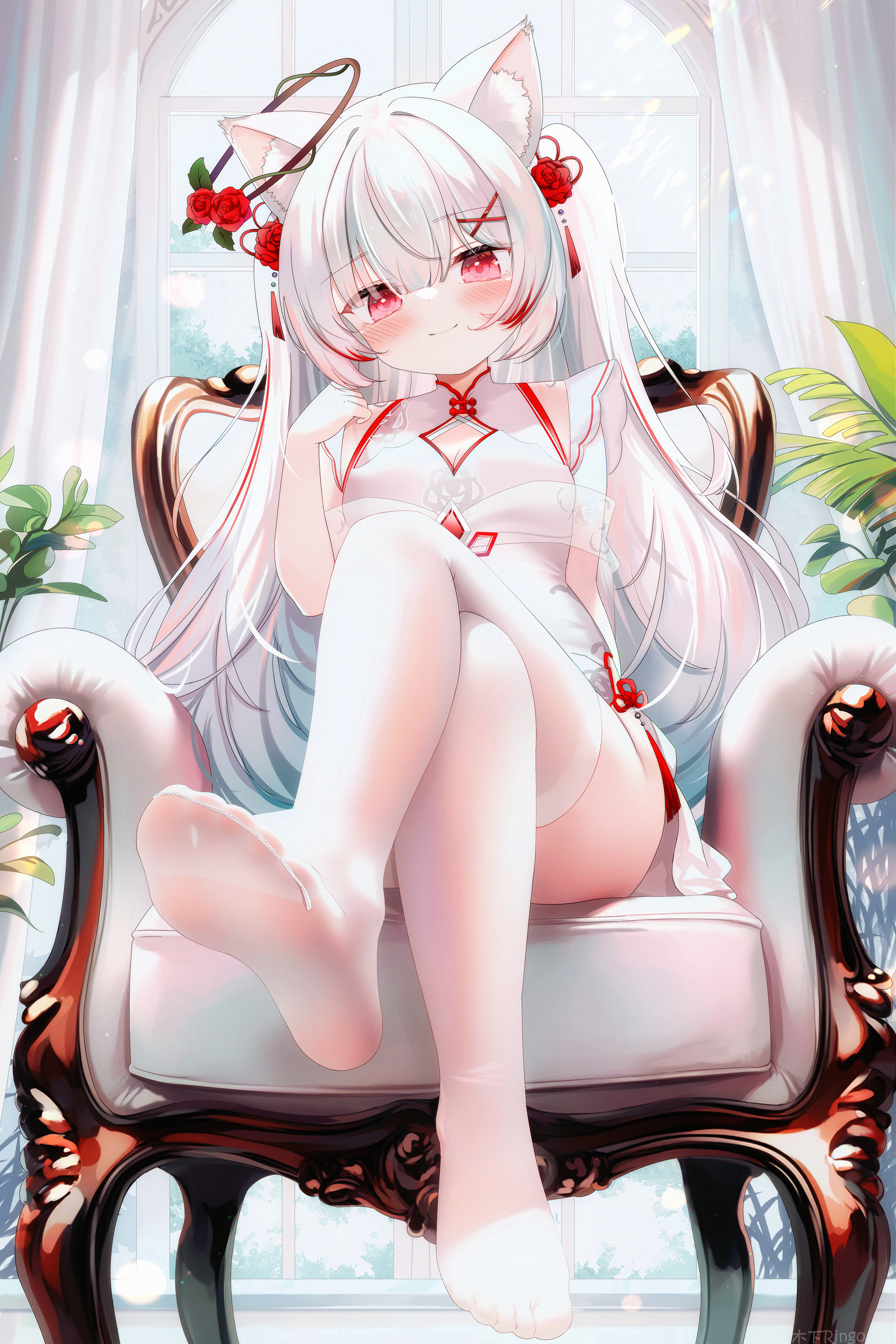 animal_ears asian_clothes feet kinoshita_ringo_(ryve5758) skirt_lift thighhighs