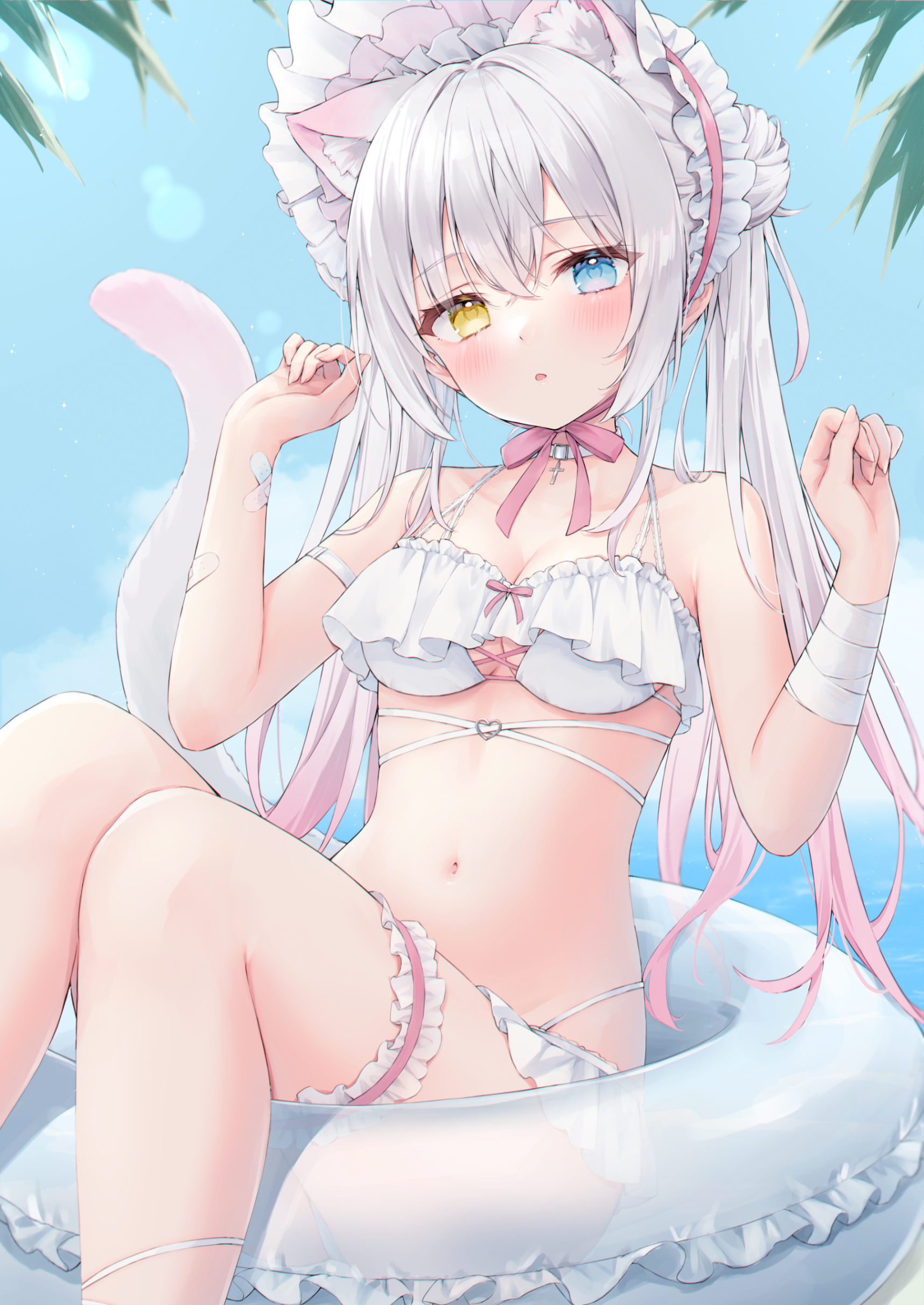 animal_ears bandages bandaid bikini garter heterochromia nekomimi shano_hiyori swimsuits tail