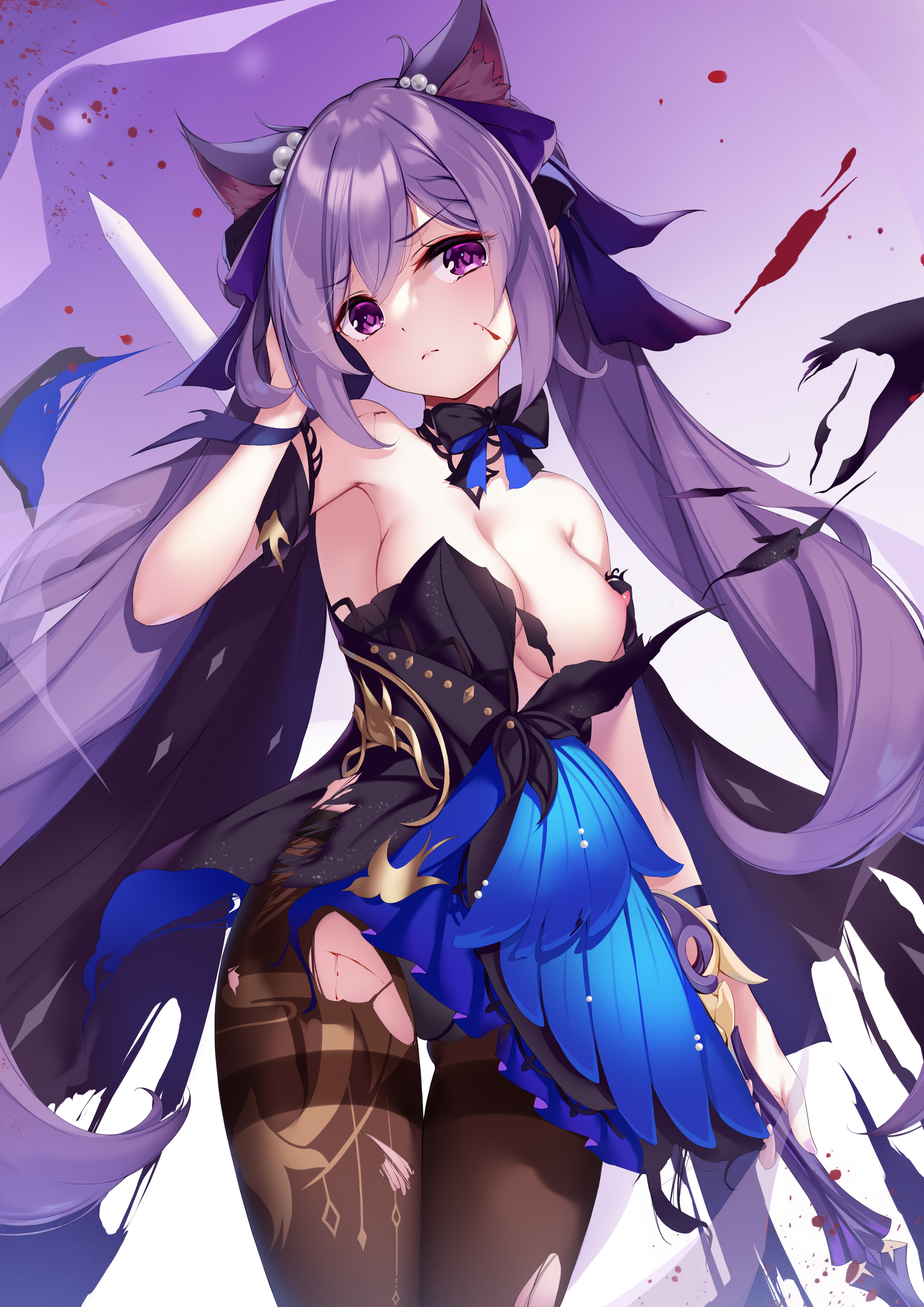 animal_ears blood breasts genshin_impact keqing nipples no_bra pantyhose torn_clothes touxing_no_diluka wardrobe_malfunction