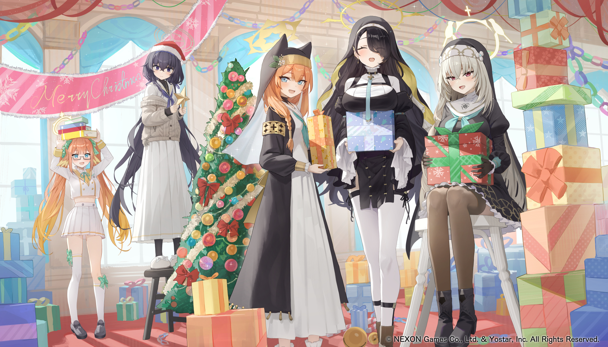 animal_ears blue_archive christmas endou_shimiko halo hidulume iochi_mari kozeki_ui megane nekomimi nun pantyhose seifuku sweater thighhighs utazumi_sakurako wakaba_hinata_(blue_archive)