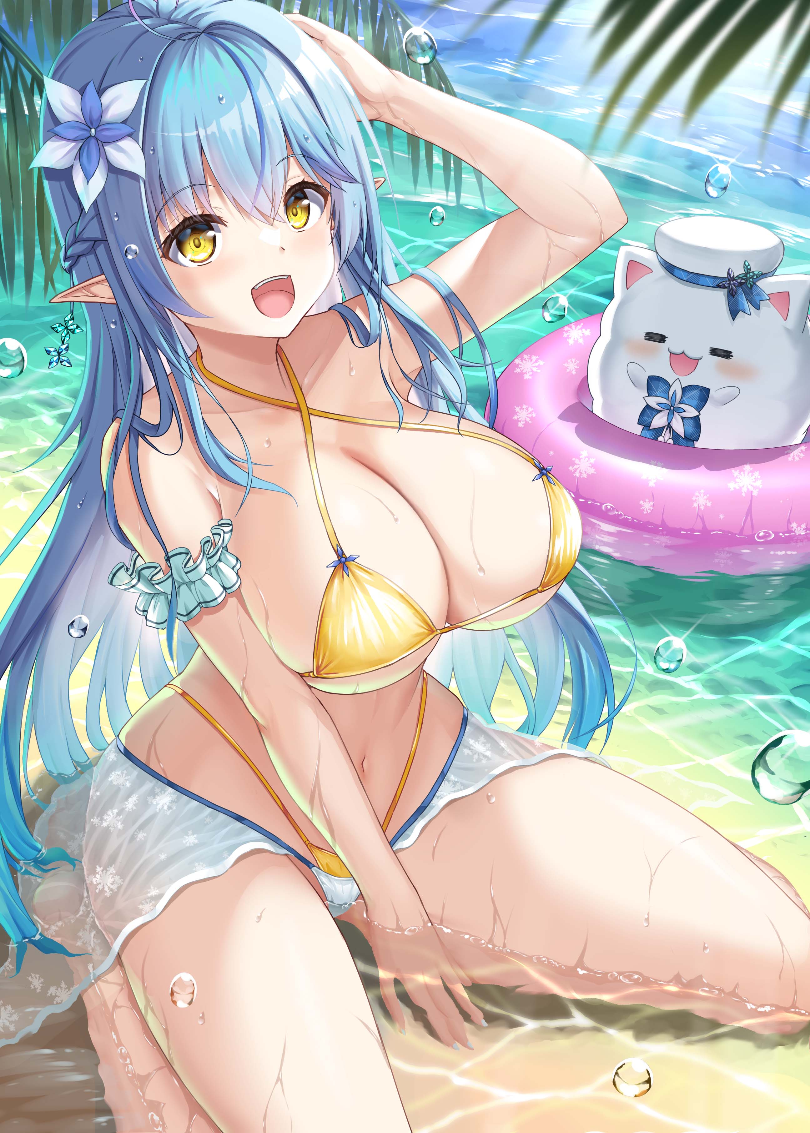 bikini elf hololive pointy_ears see_through swimsuits thong uehiro wet yukihana_lamy