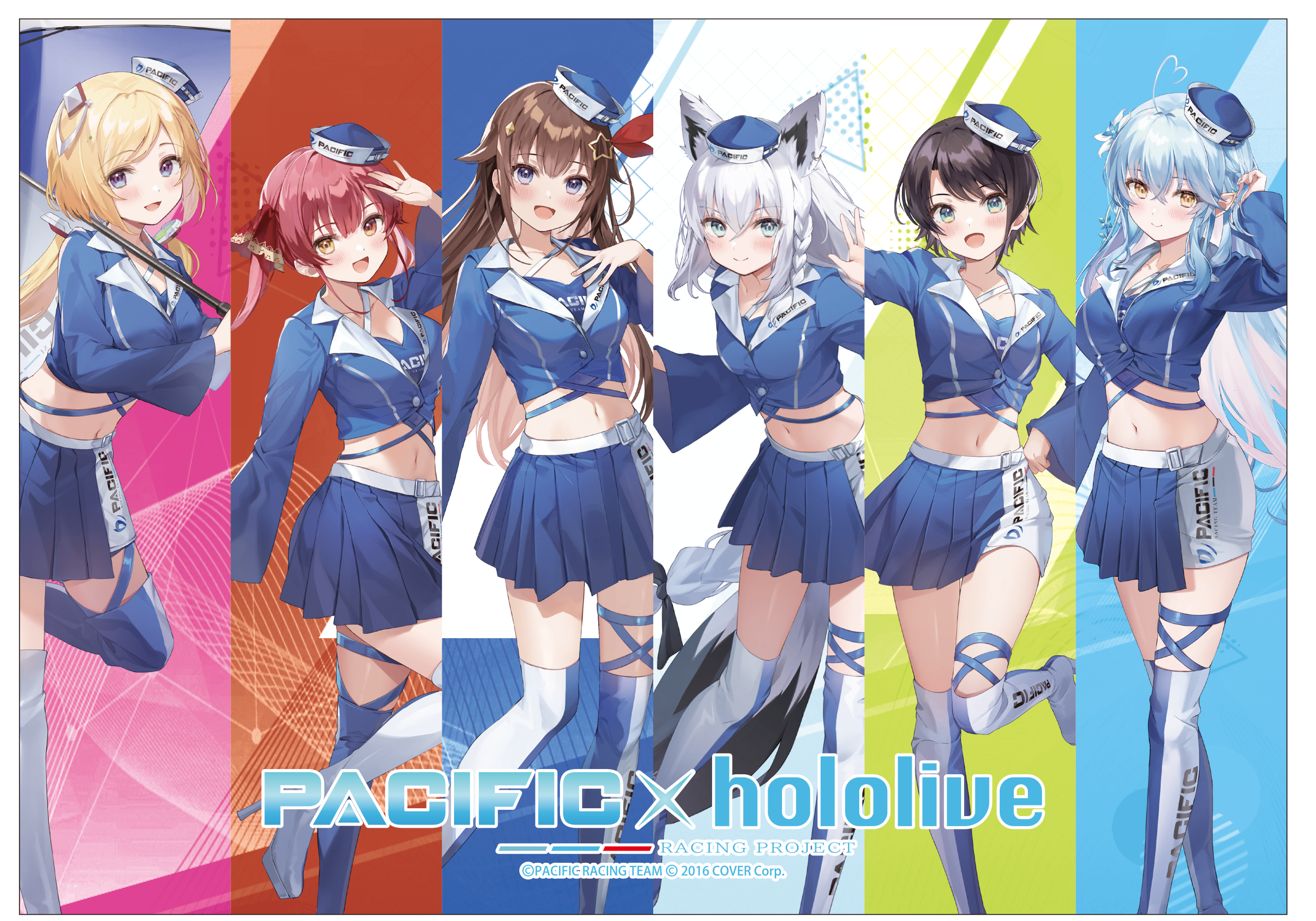 aki_rosenthal animal_ears elf garter heels heterochromia hololive hololive_gamers houshou_marine kanda_done kitsune oozora_subaru pointy_ears shirakami_fubuki tail thighhighs tokino_sora umbrella uniform yukihana_lamy