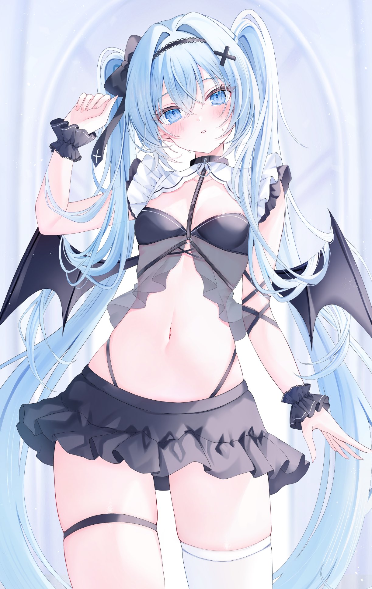 garter hiiragi_(hr_ccr) lingerie no_bra pantsu see_through skirt_lift thighhighs wings