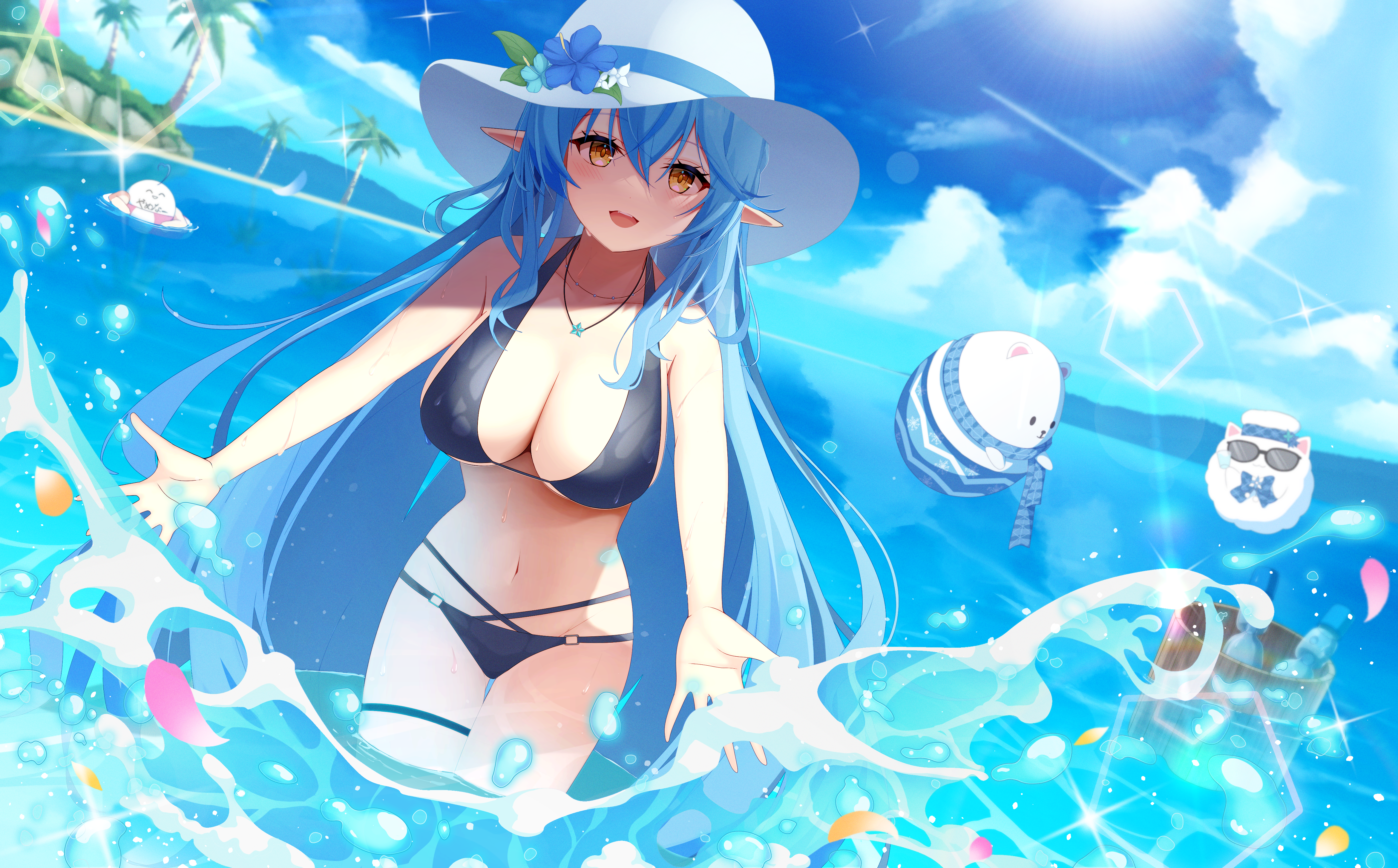 bikini daifuku_(yukihana_lamy) elf garter hololive joeillustrate pointy_ears swimsuits wet yukihana_lamy yukimin_(yukihana_lamy)