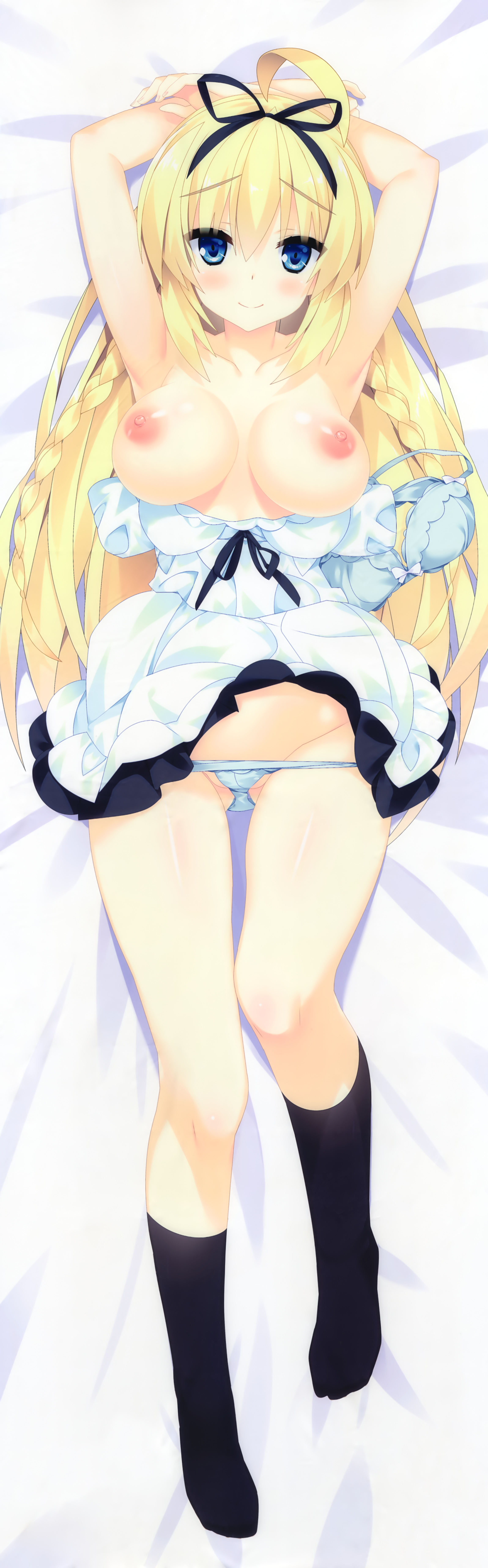 breasts dakimakura dress kamizumi_yuuri kannagi_rei mirai_(company) nipples no_bra open_shirt pantsu panty_pull shukusei_no_girlfriend_-the_destiny_star_of_girlfriend- skirt_lift