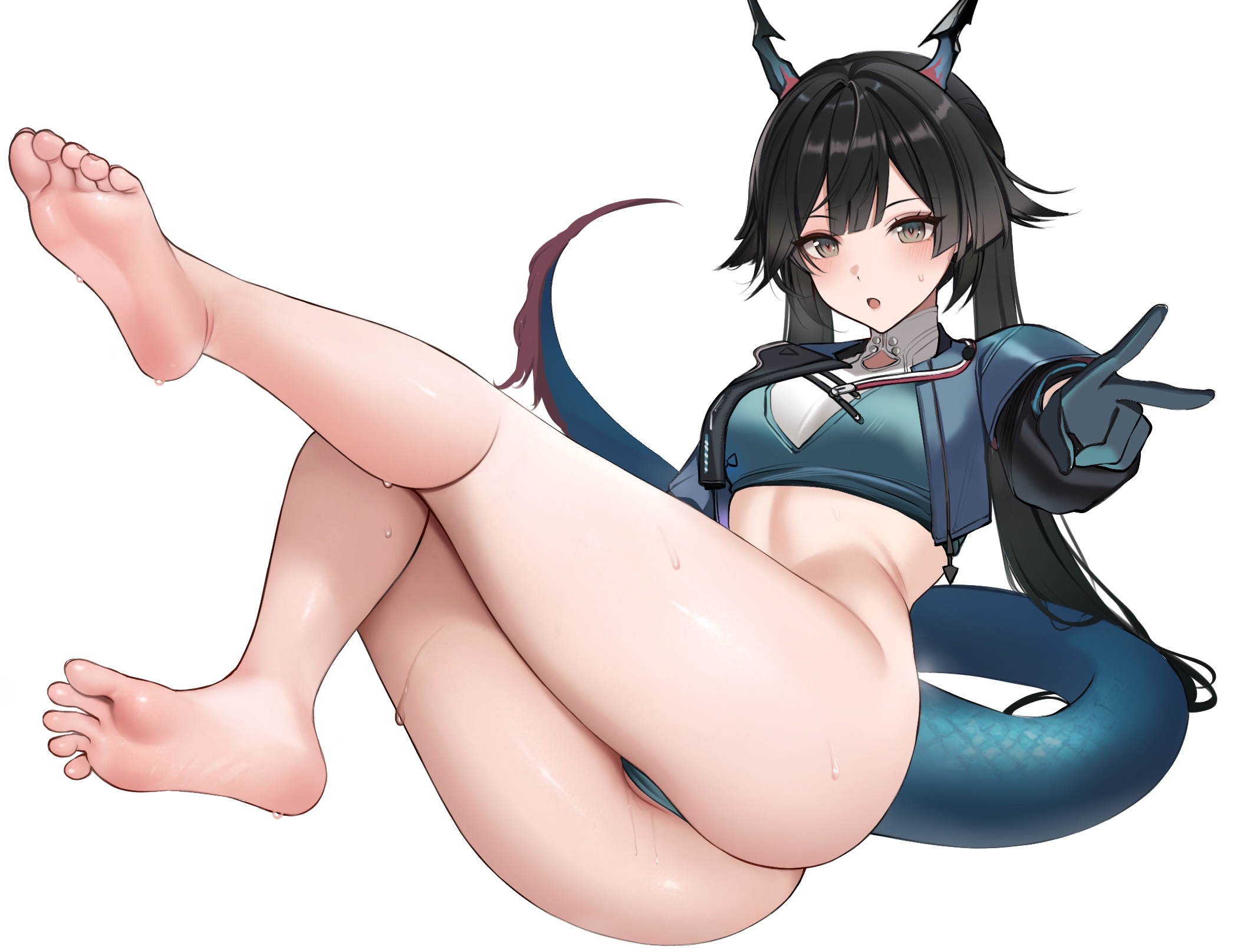 arknights arknights:_endfield ateoyh bottomless cameltoe chen_qianyu_(arknights) feet horns maebari tail wet