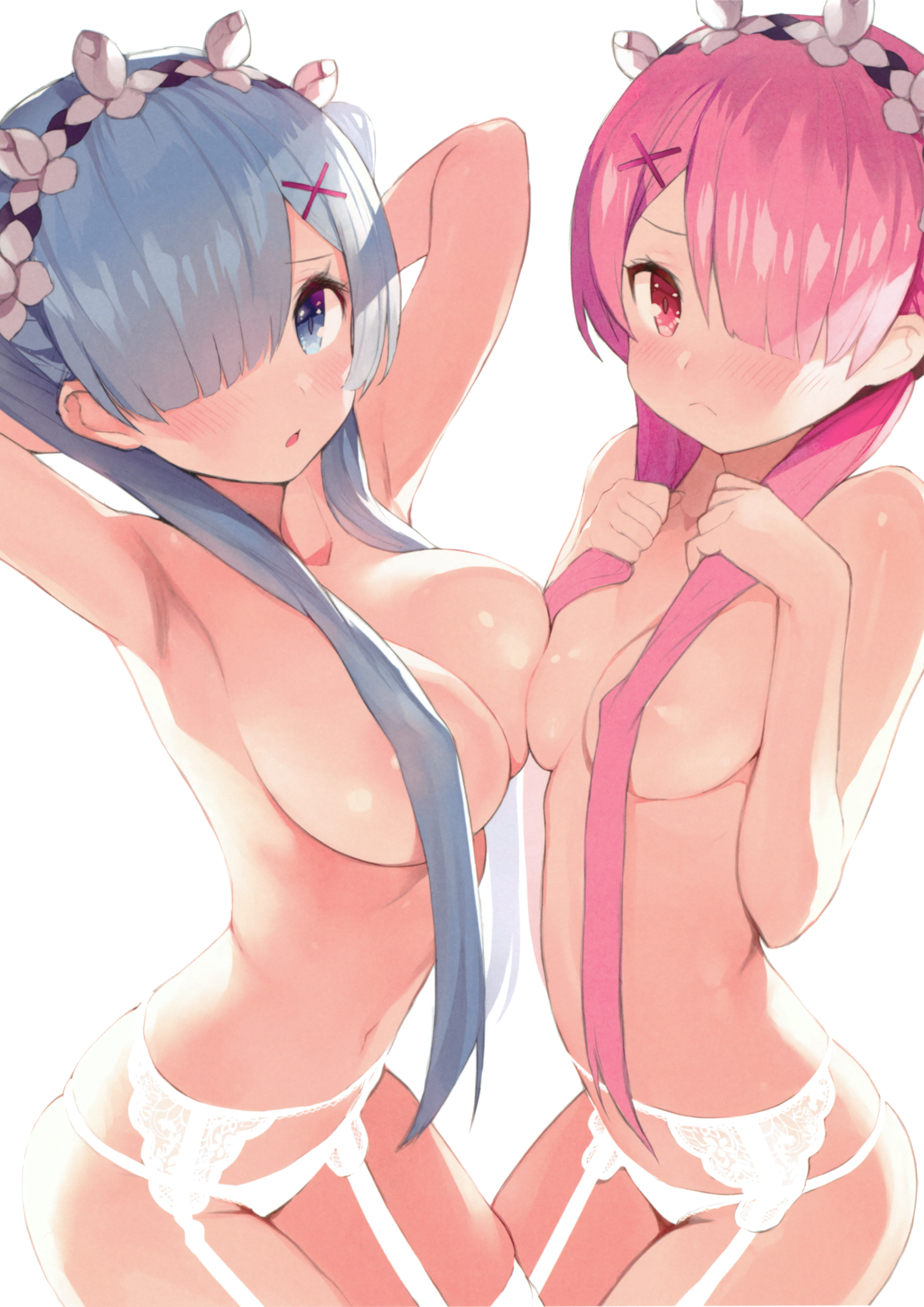 areola gaou garter_belt macaron_taitei pantsu ram_(re_zero) re_zero_kara_hajimeru_isekai_seikatsu rem_(re_zero) stockings symmetrical_docking thighhighs topless