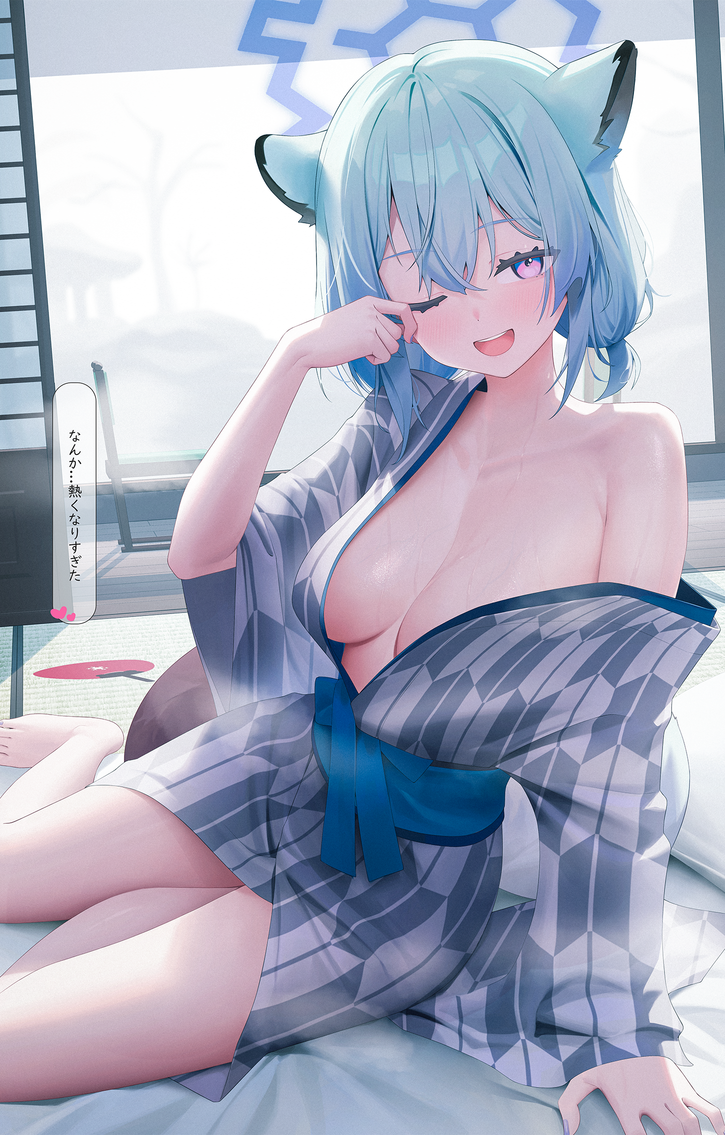 animal_ears aya_(lezon) blue_archive halo mayoi_shigure no_bra yukata