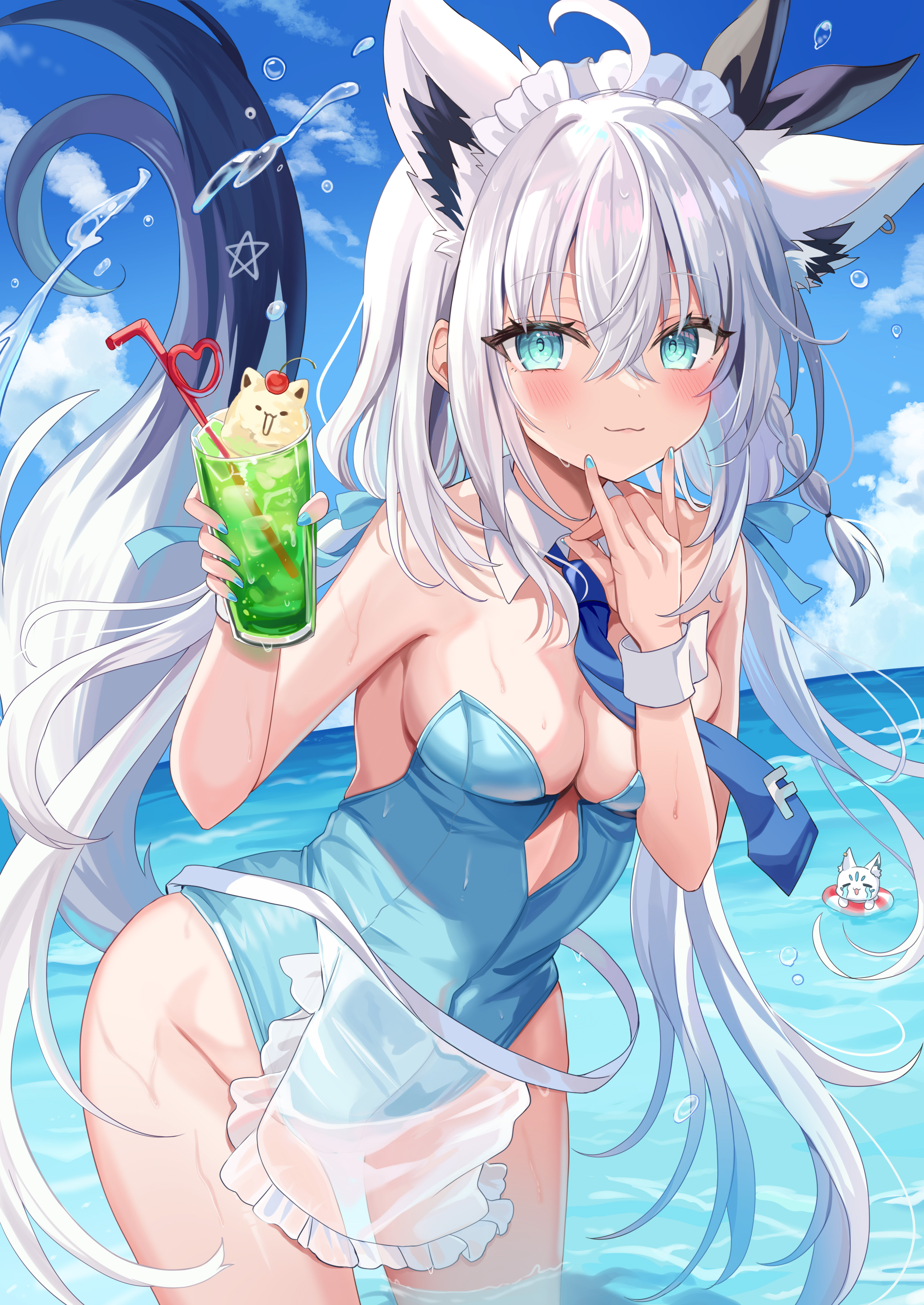 animal_ears hololive hololive_gamers kitsune leotard maid no_bra retsuto see_through shirakami_fubuki tail wet wet_clothes