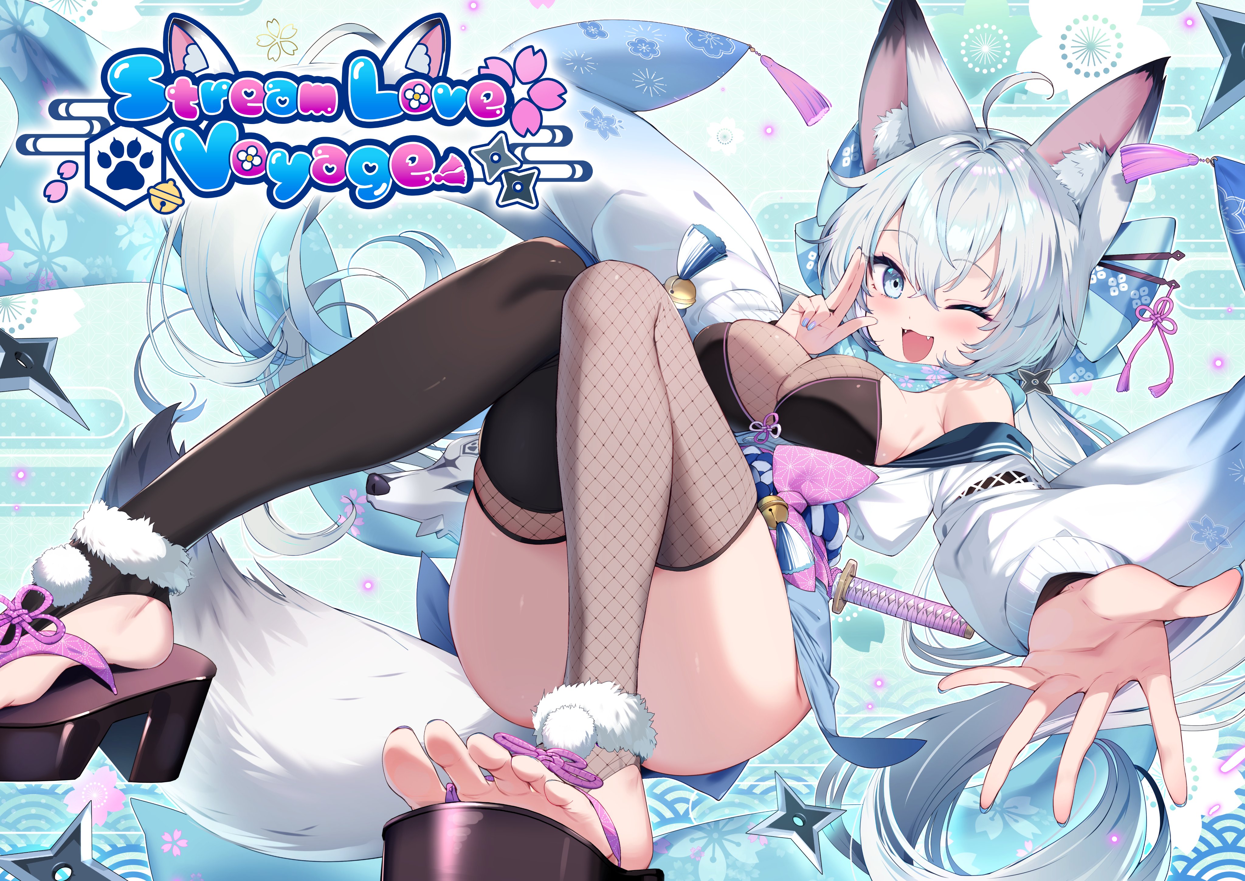 animal_ears confiture fishnets japanese_clothes katto_(viking) no_bra see_through skirt_lift streamlove_voyage sword tail thighhighs weapon