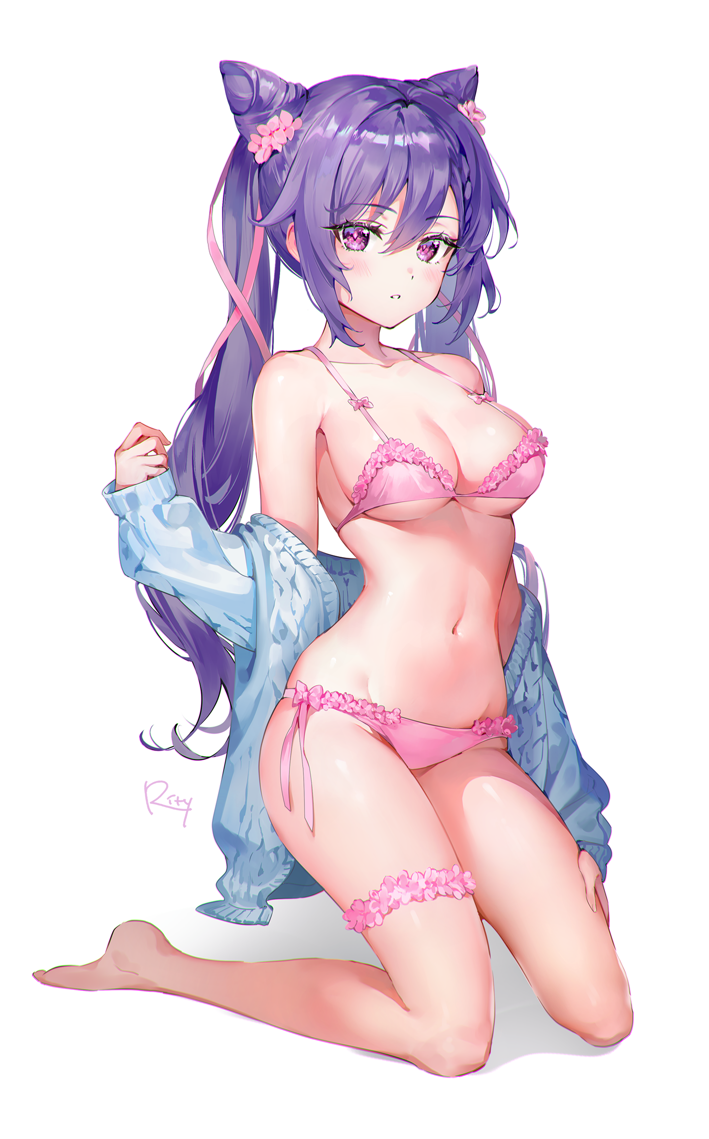 bikini garter genshin_impact keqing open_shirt rity sweater swimsuits