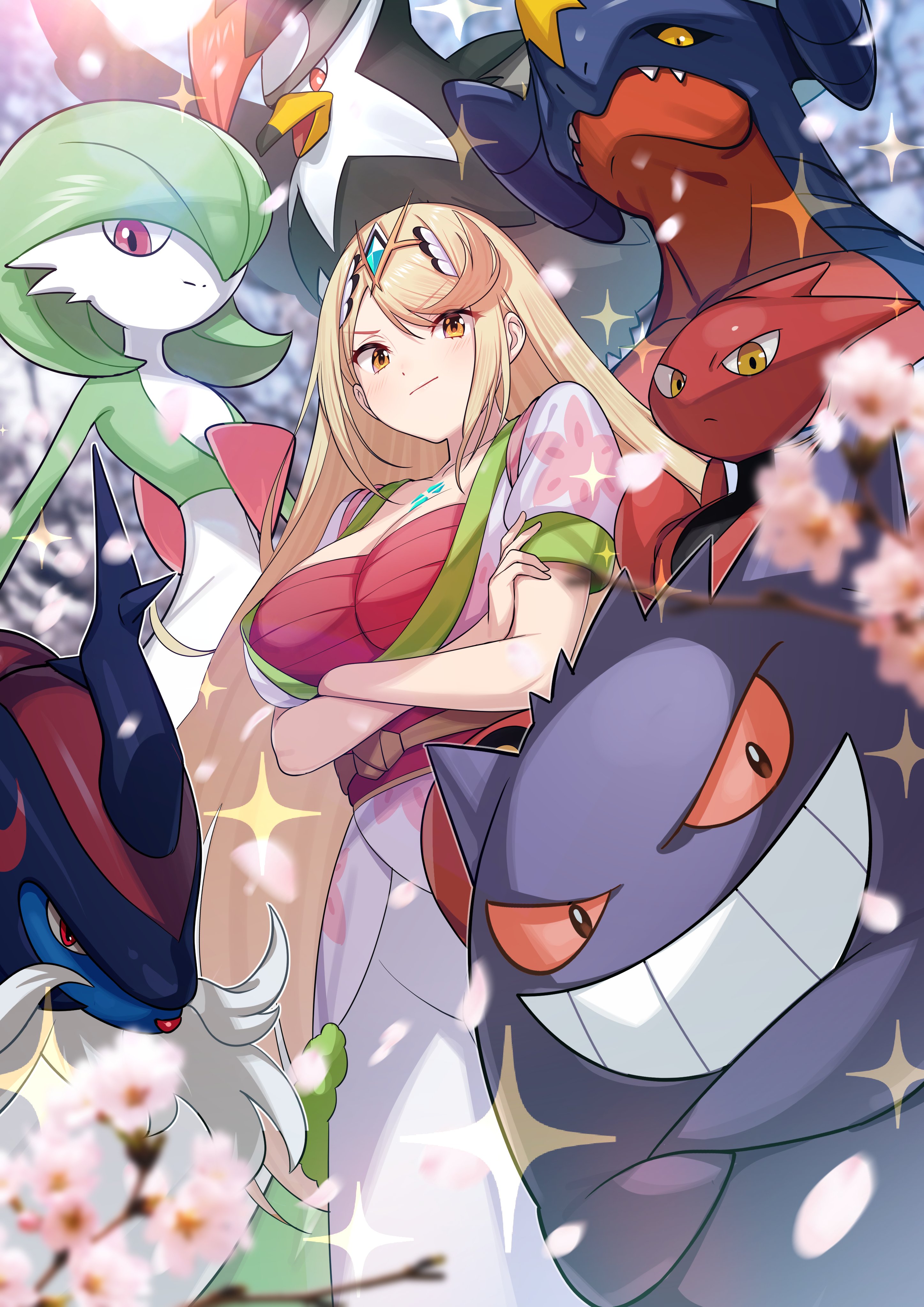 cosplay crossover garchomp gardevoir gengar green322 hikari_(xenoblade_2) hisuian_samurott japanese_clothes open_shirt pokemon pokemon_legends_arceus sarashi scizor staraptor xenoblade_(series) xenoblade_2