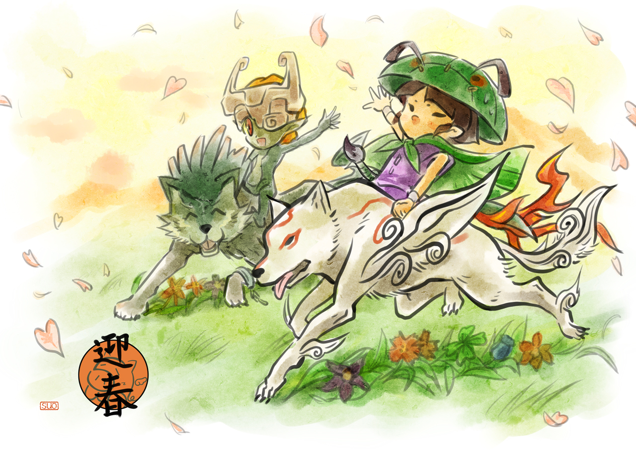 amaterasu crossover issun link midna ookami pointy_ears the_legend_of_zelda the_legend_of_zelda:_twilight_princess