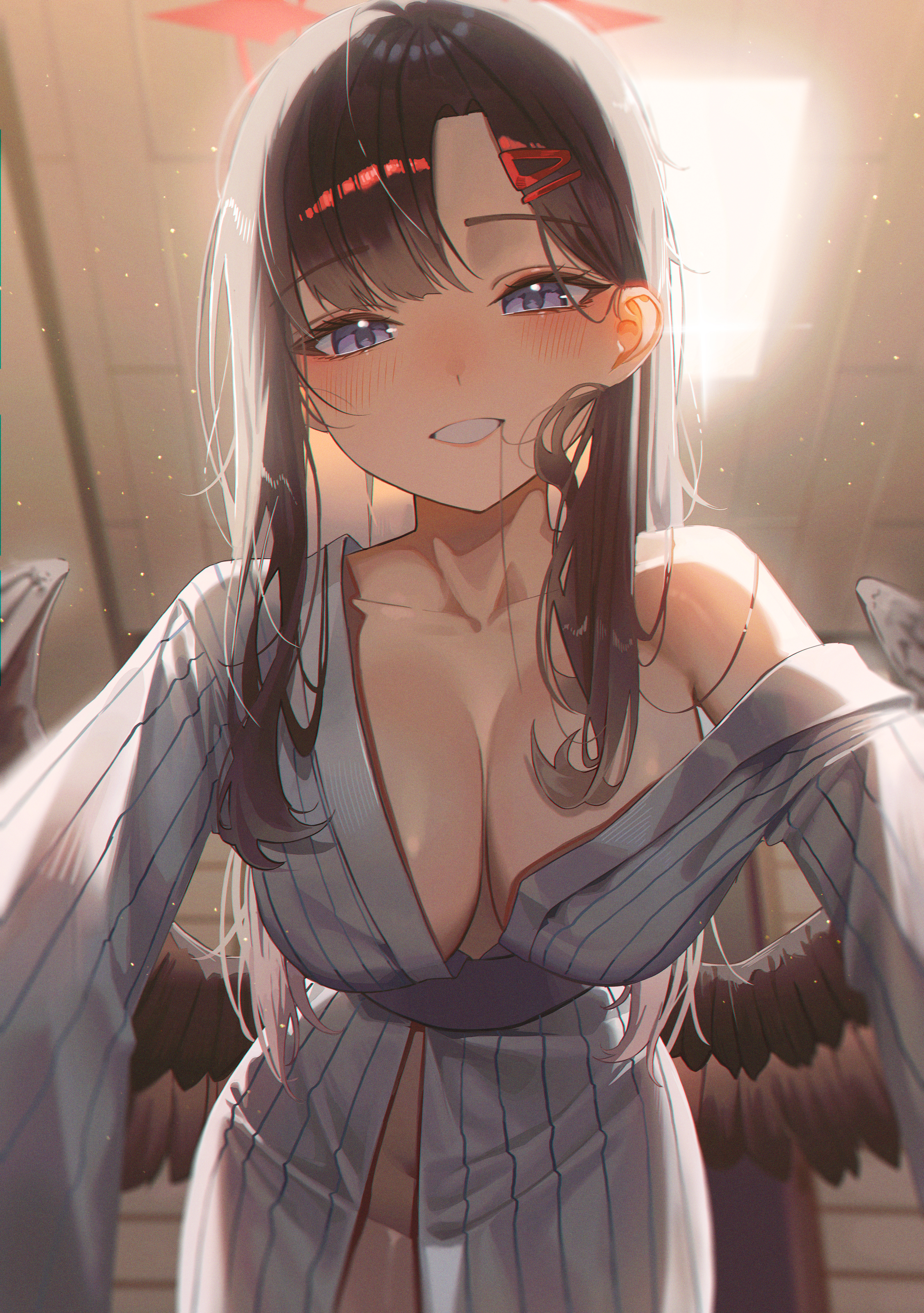 angel blue_archive domi_(hongsung0819) nakamasa_ichika no_bra nopan open_shirt wings yukata