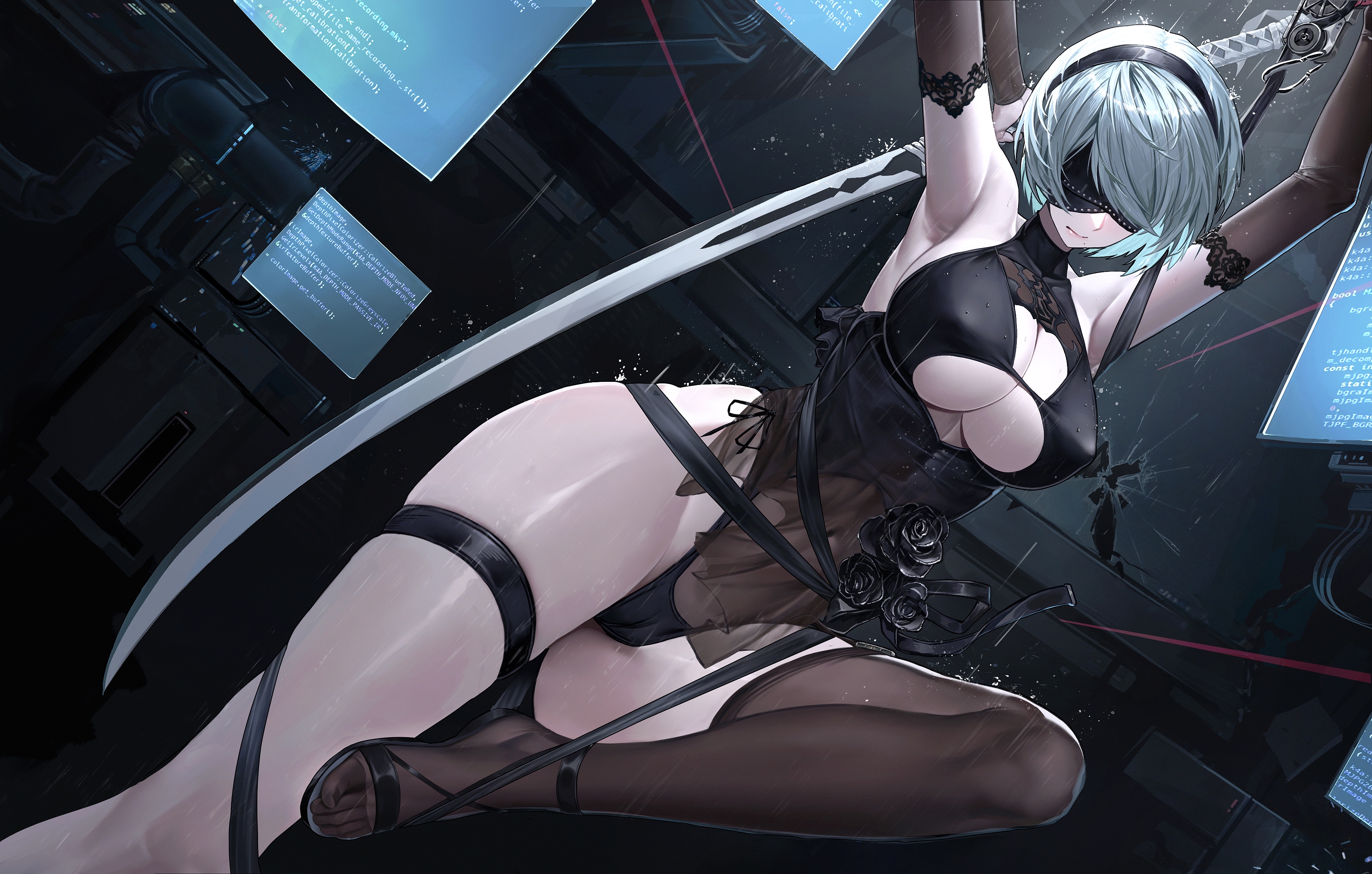 a_kite_(akitee) cameltoe erect_nipples garter nier nier_automata see_through sword thighhighs yorha_no.2_type_b