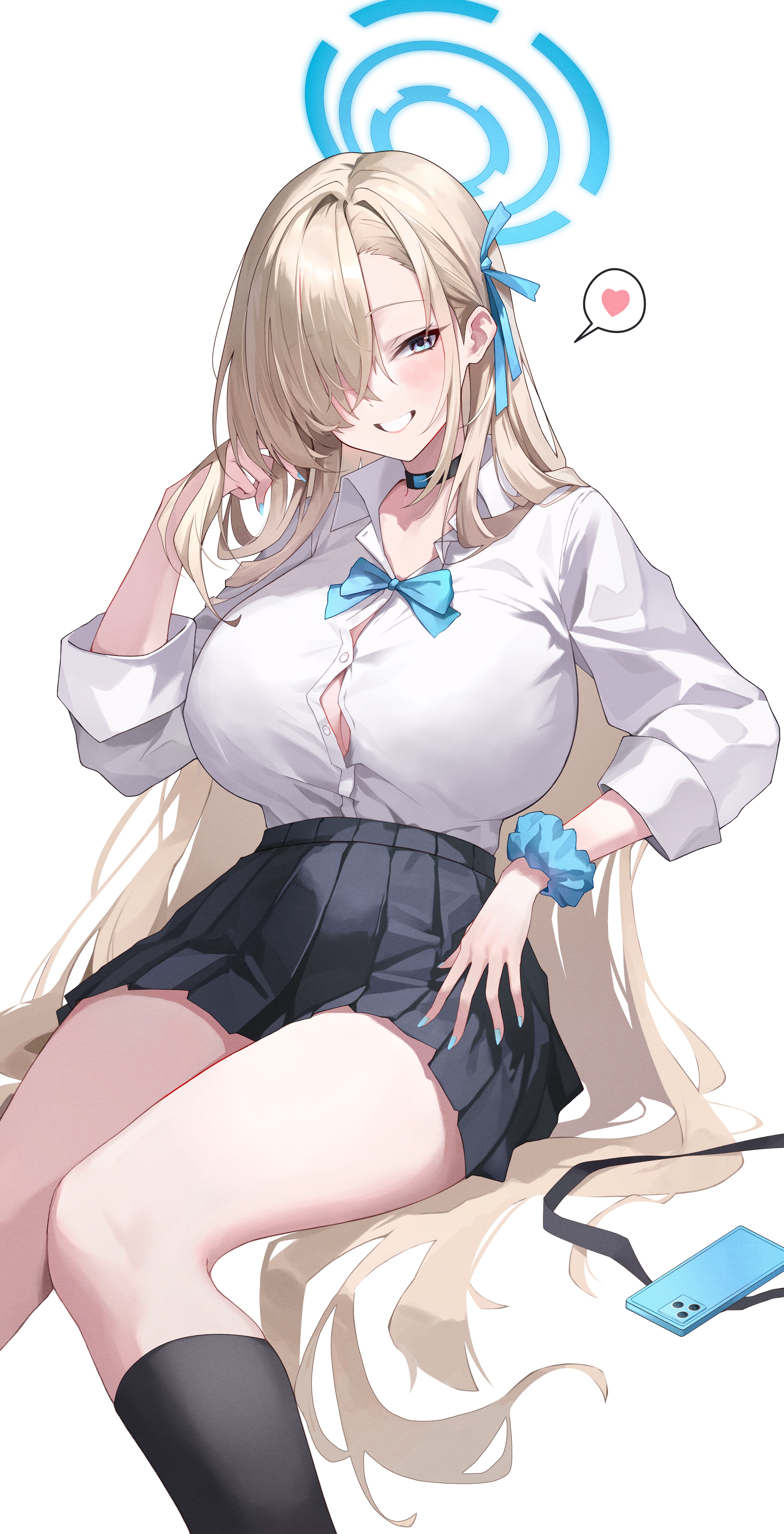 anri_(user_ncce8585) blue_archive cleavage halo ichinose_asuna no_bra open_shirt seifuku