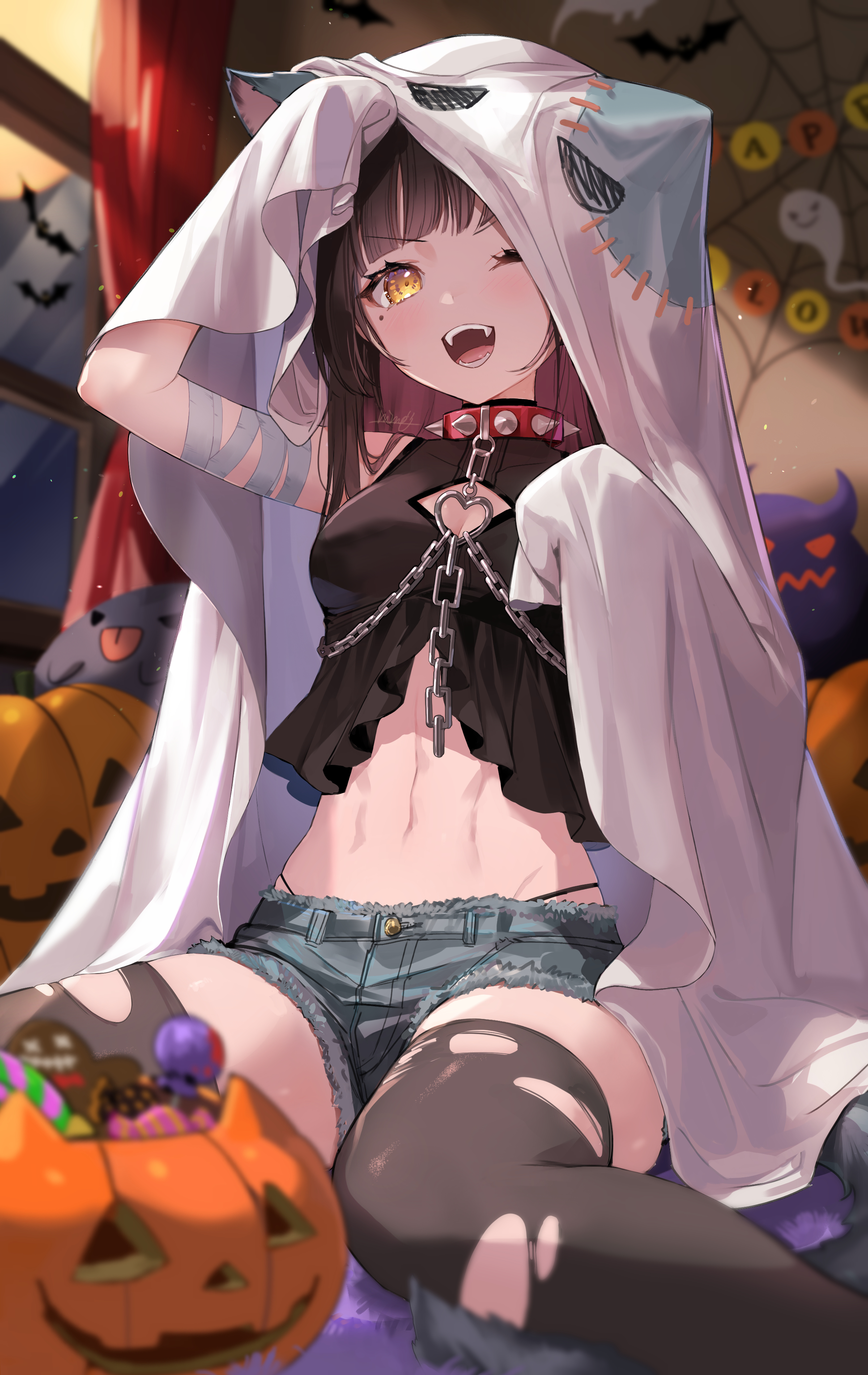 animal_ears bandages halloween nekomimi nima_(niru54) thighhighs torn_clothes