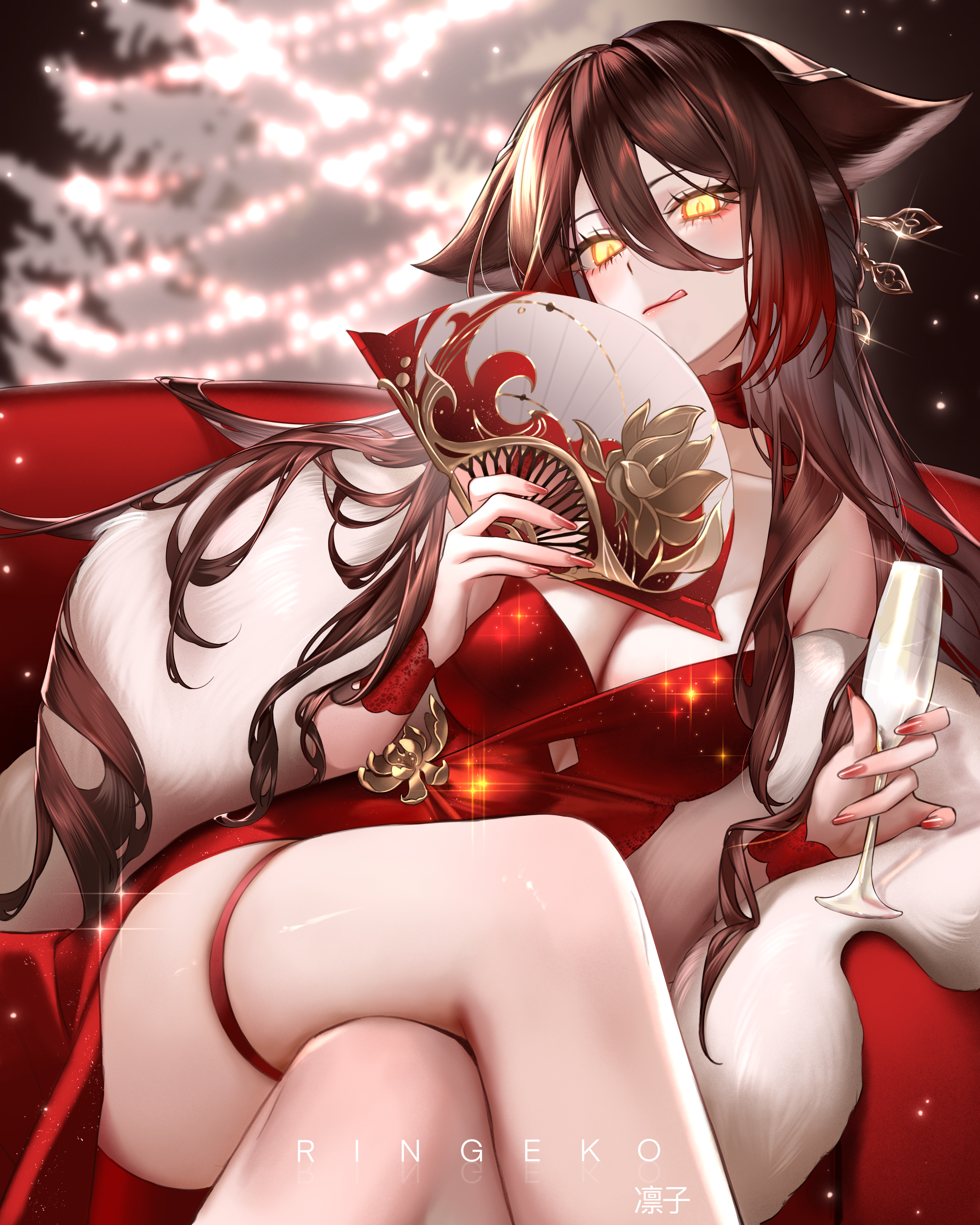 animal_ears christmas dress garter honkai:_star_rail kitsune no_bra ringeko-chan skirt_lift tingyun