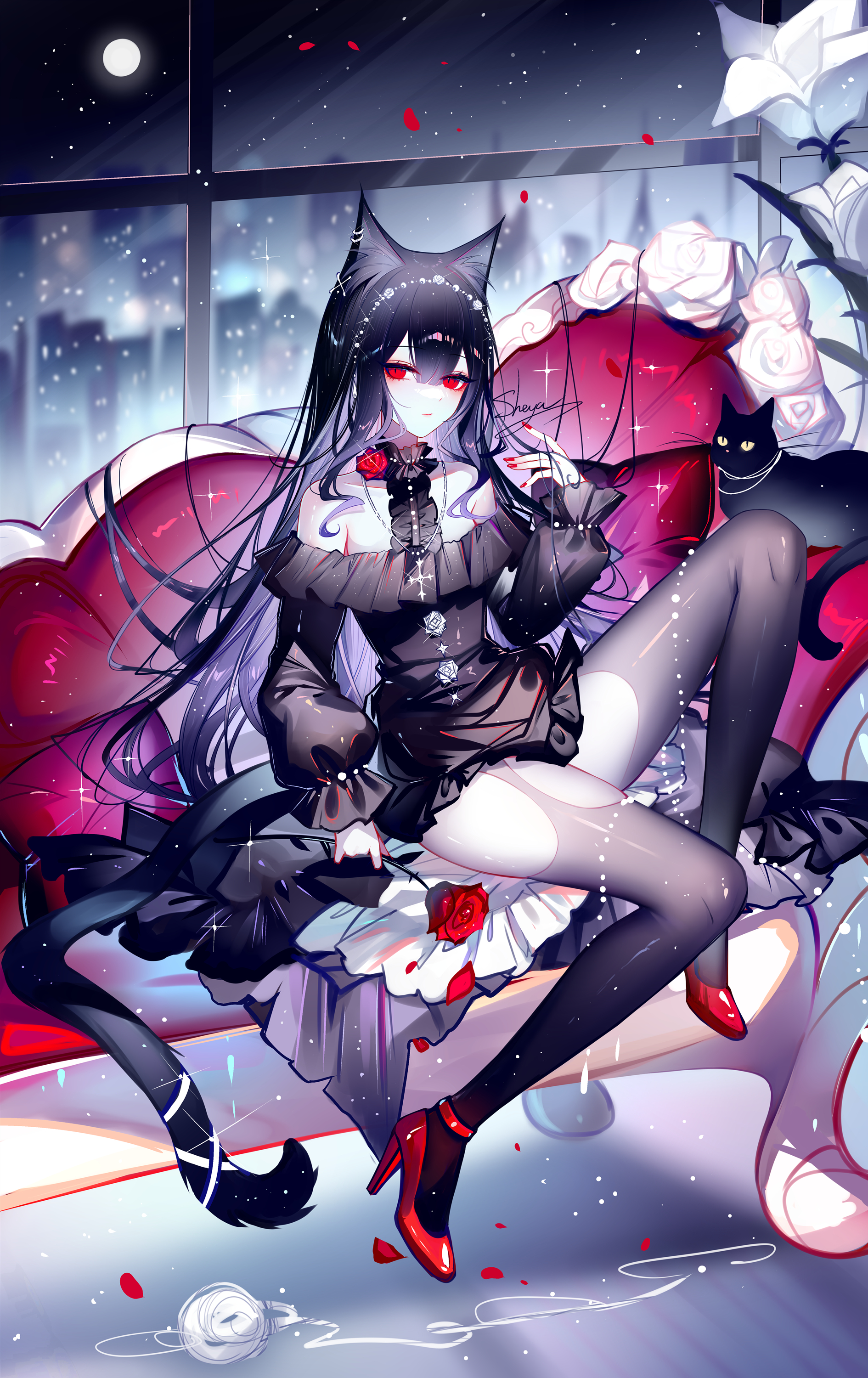 animal_ears dress heels neko nekomimi no_bra sheya stockings tail thighhighs