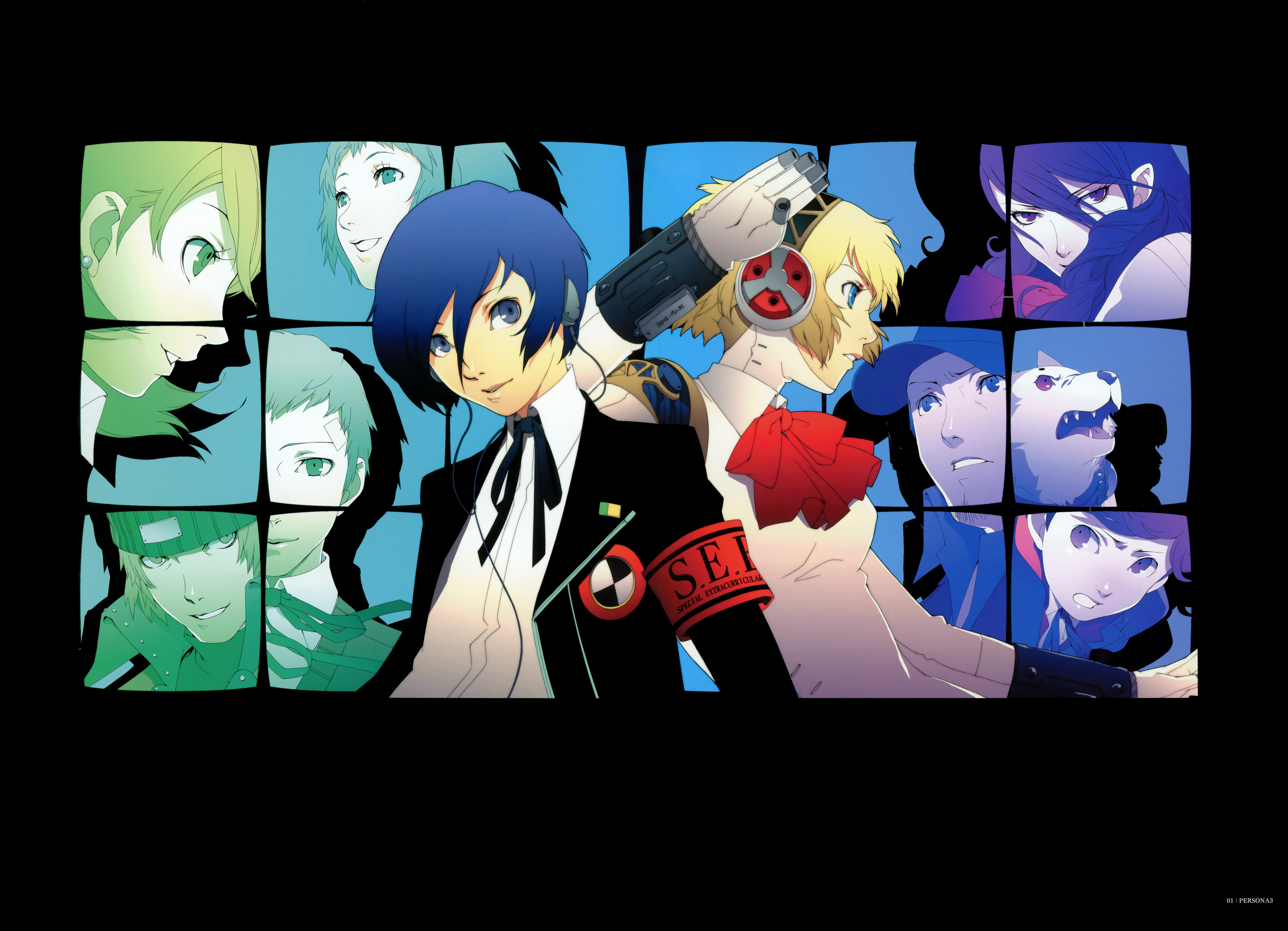 aegis amada_ken aragaki_shinjirou arisato_minato headphones iori_junpei kirijou_mitsuru koromaru mecha_musume megaten persona persona_3 sanada_akihiko soejima_shigenori takeba_yukari yamagishi_fuuka