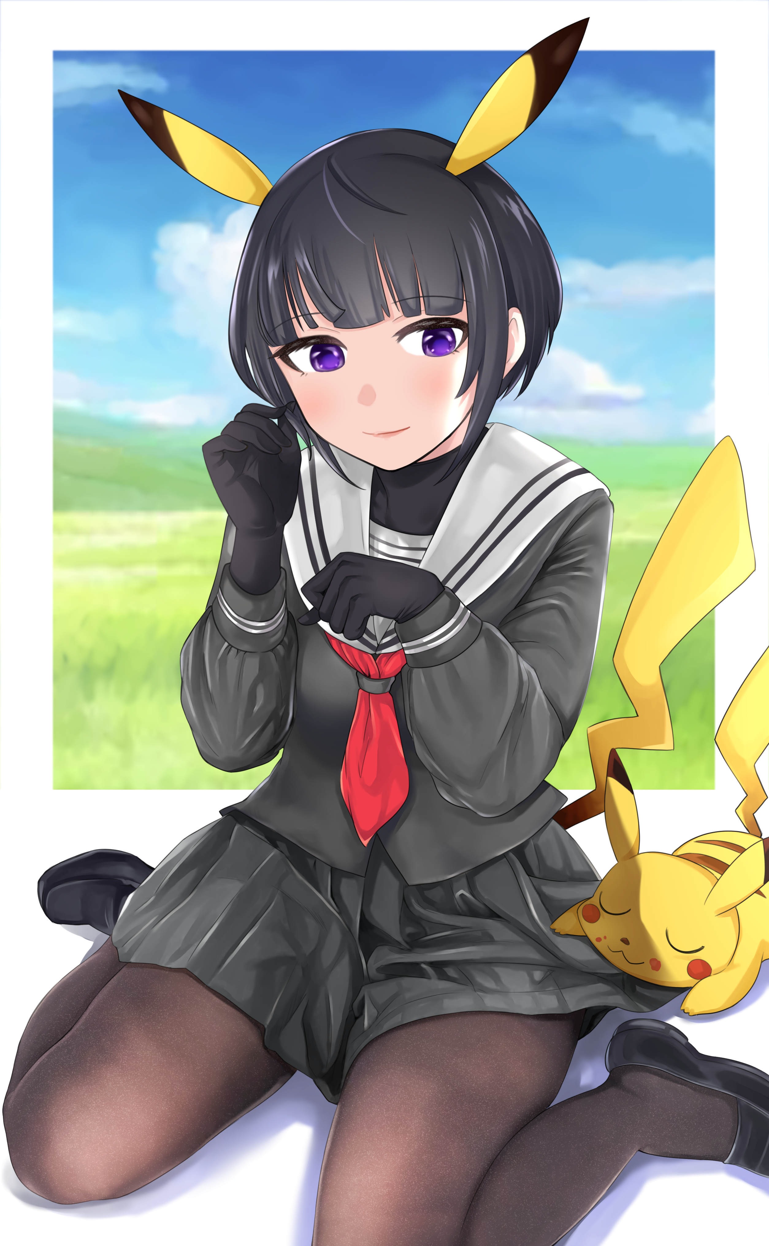 animal_ears crossover hanamasa_ono pantyhose pikachu pokemon seifuku shirayuki_chiyo skirt_lift tail the_idolm@ster the_idolm@ster_cinderella_girls