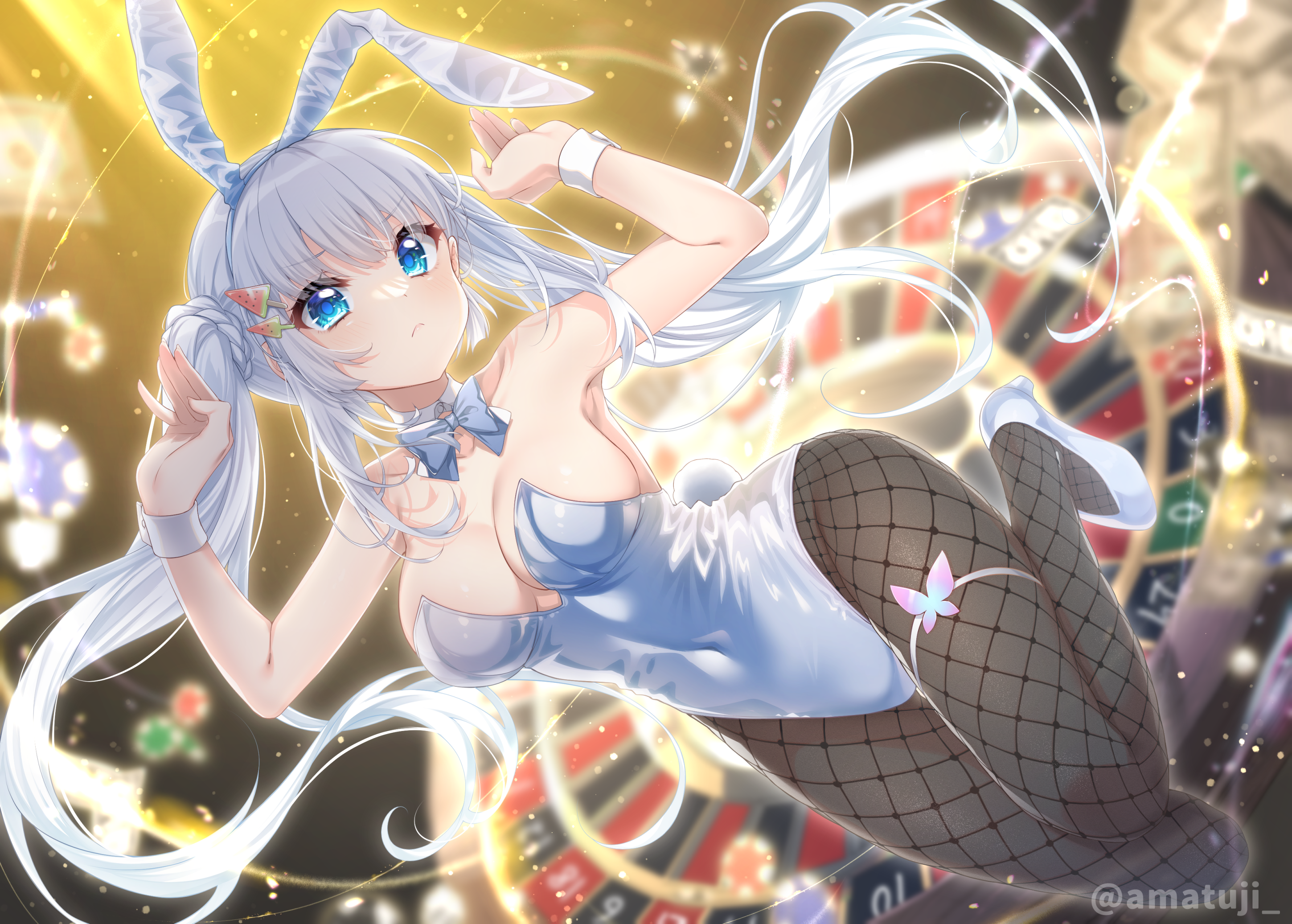 amatsuji animal_ears bunny_ears bunny_girl fishnets garter heels naruse_shiroha no_bra pantyhose summer_pockets tail