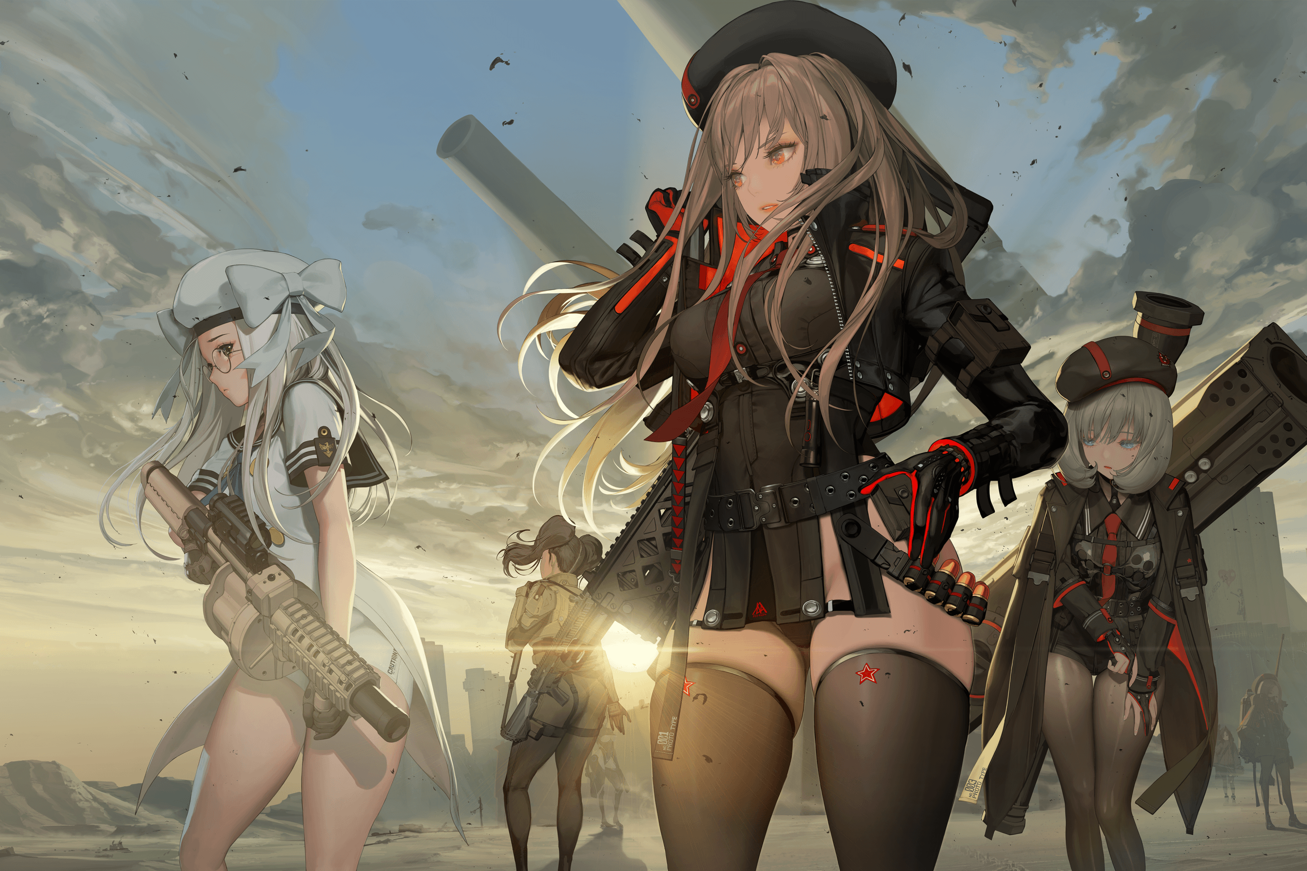 armor ass bodysuit dress goddess_of_victory:_nikke gun hyulla megane neon_(nikke) pantsu pantyhose rapi_(nikke) seifuku shift_up thighhighs uniform vesti weapon