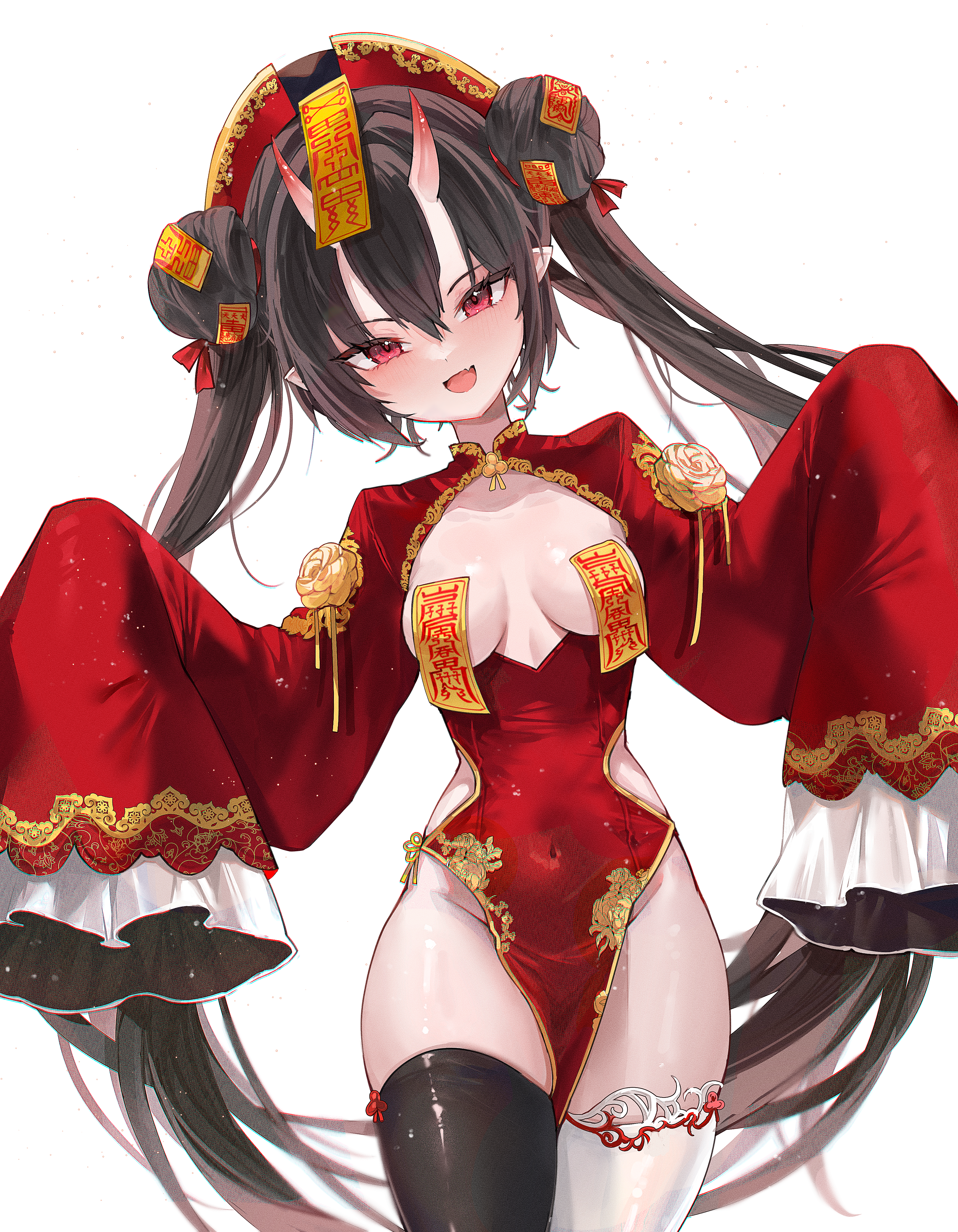 chinadress horns mindoll no_bra pointy_ears thighhighs