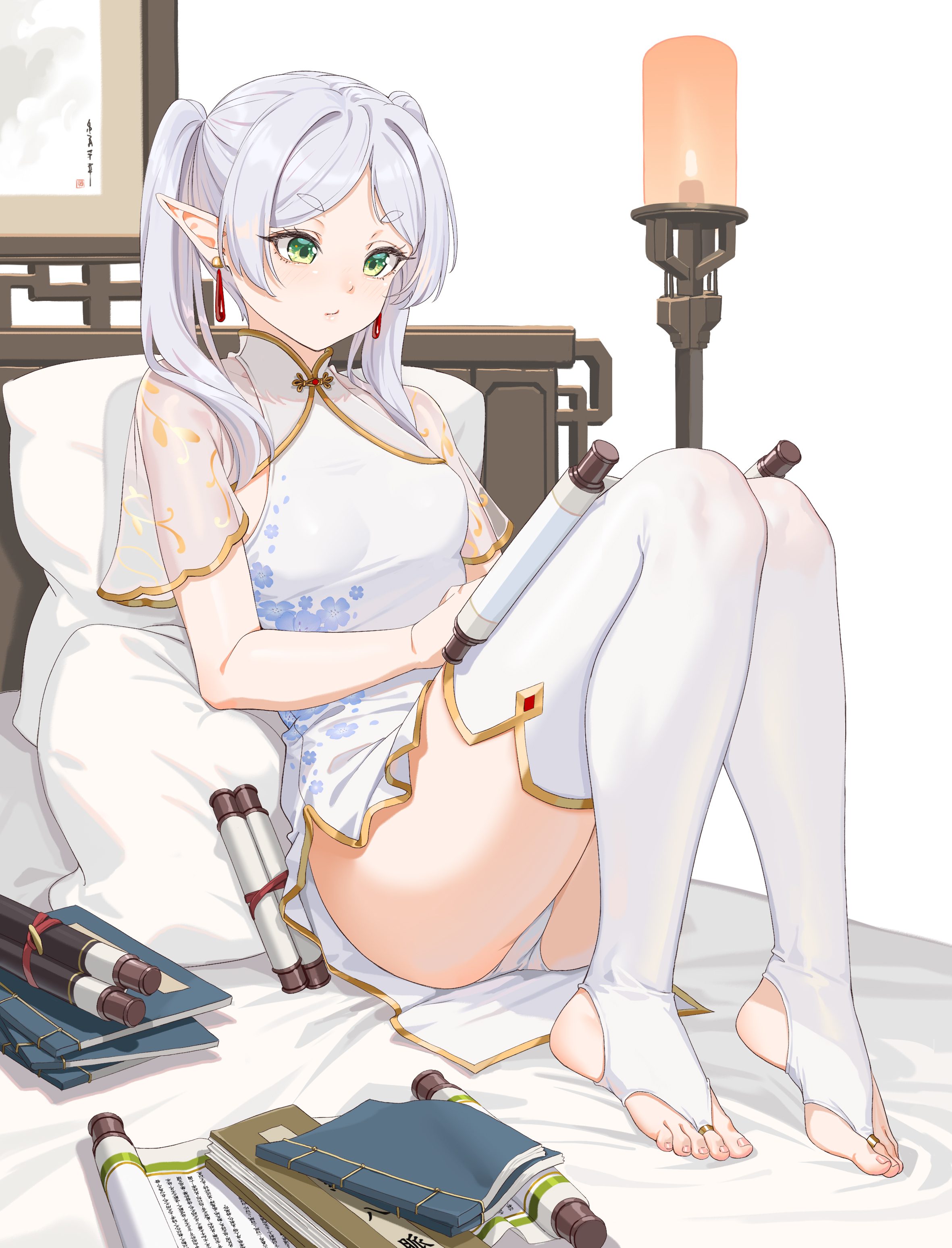 chinadress elf fangxiang_cuoluan feet frieren pantsu pointy_ears see_through skirt_lift sousou_no_frieren thighhighs