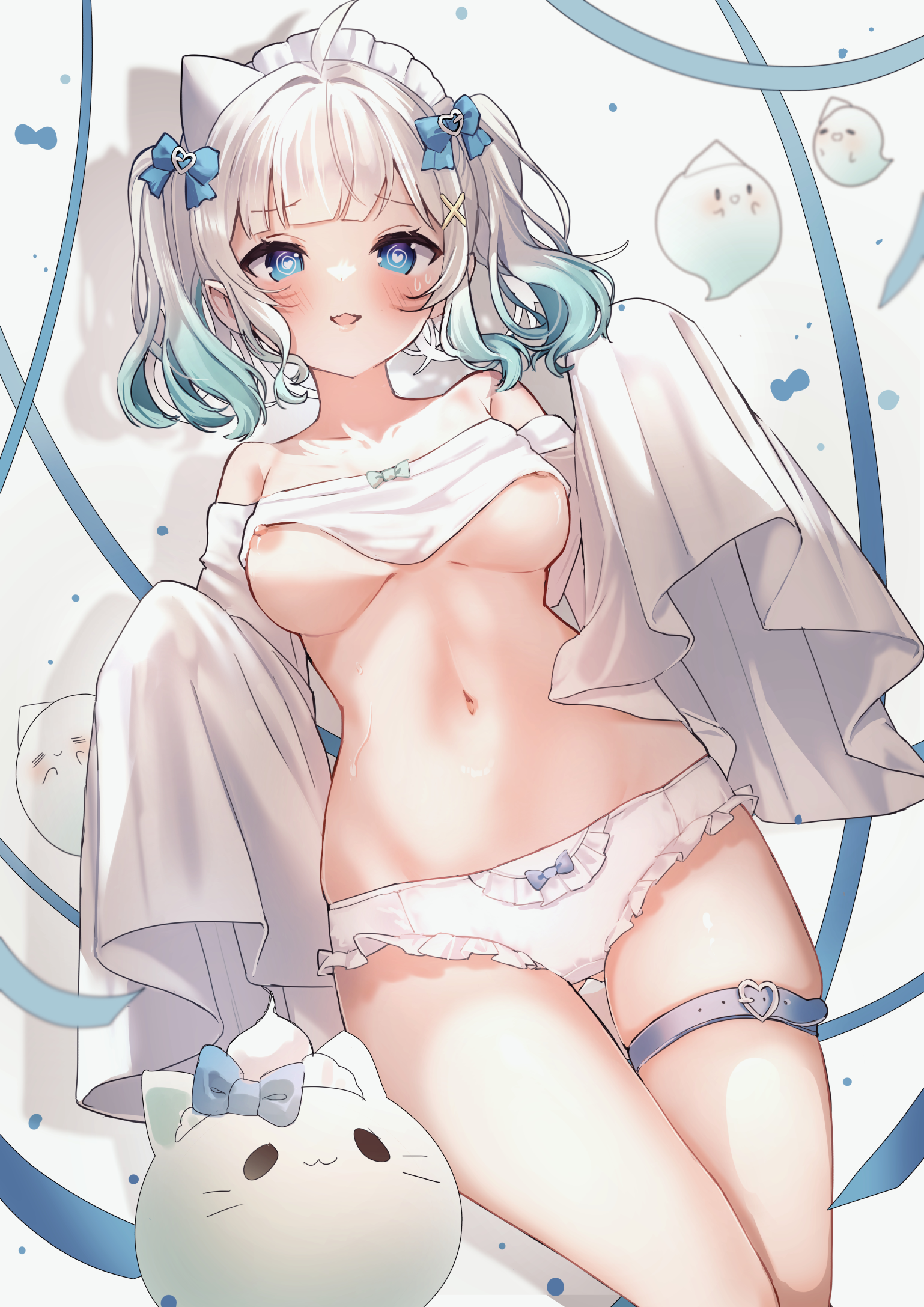 animal_ears beryl_(blueberylpie) garter indie_virtual_youtuber maid mint_fantome nipple_slip nipples no_bra pantsu shirt_lift