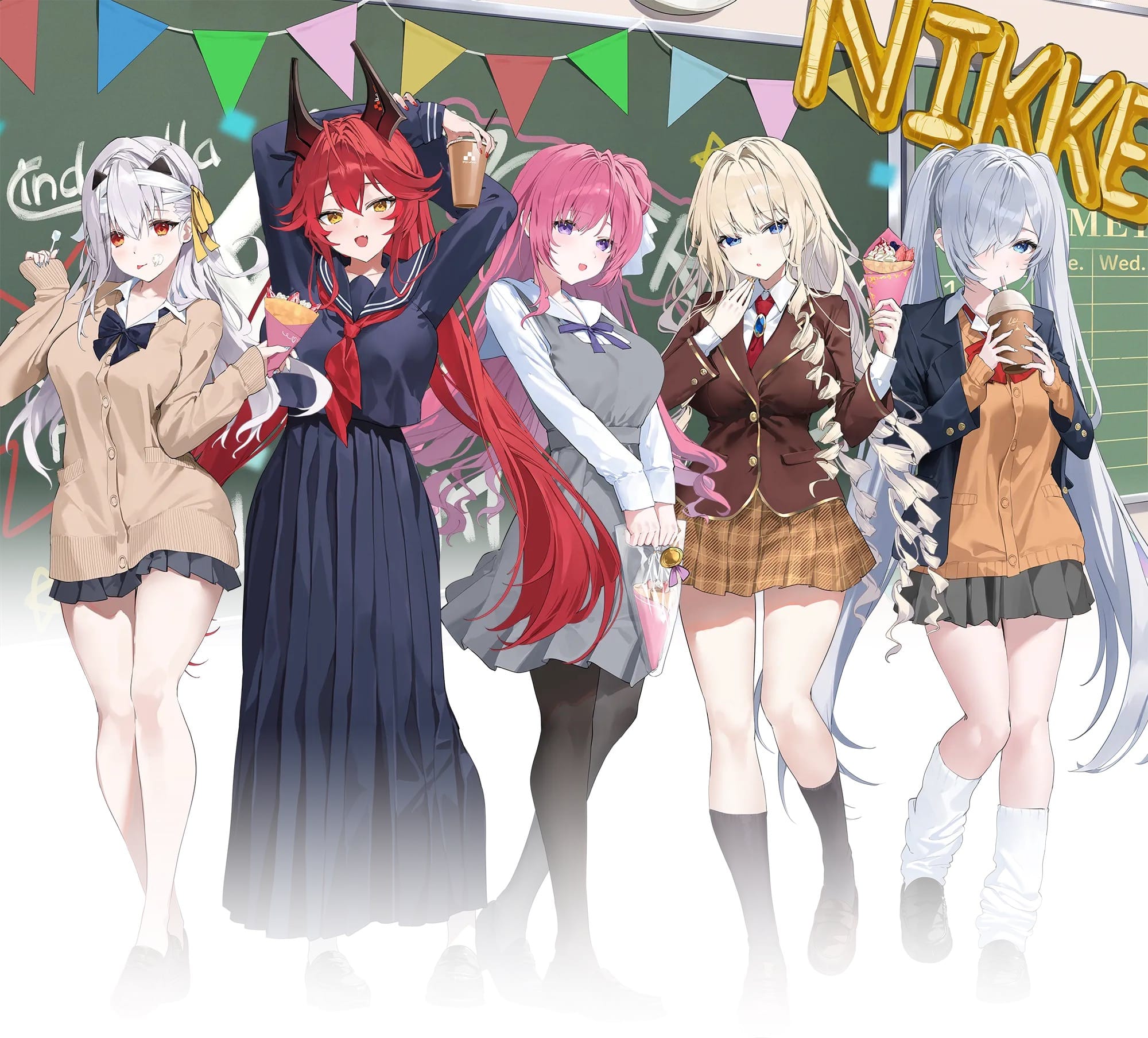 bandages cinderella_(nikke) crown_(nikke) dorothy_(nikke) goddess_of_victory:_nikke horns modernia red_hood_(nikke) seifuku sweater tagme