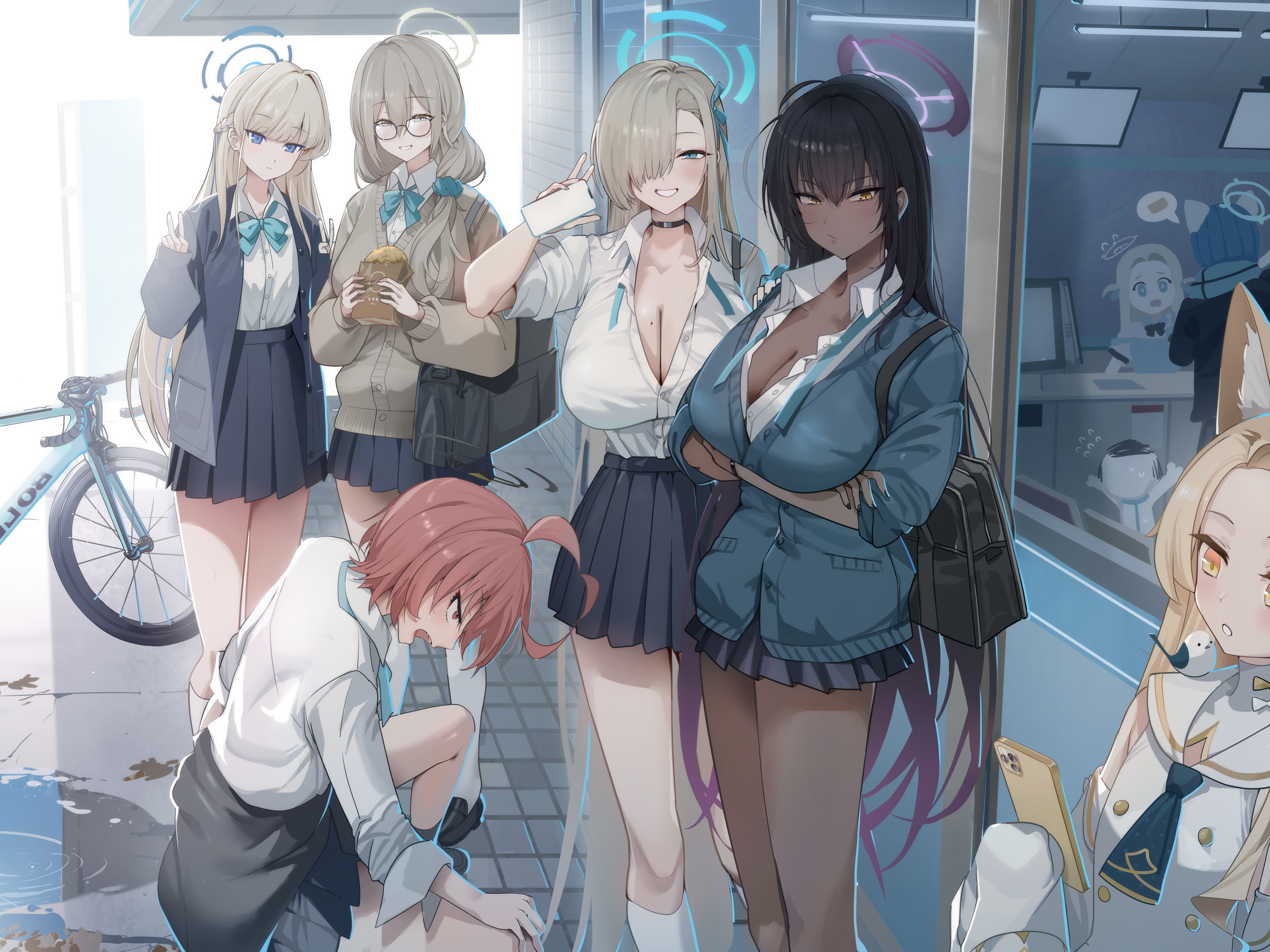 animal_ears asuma_toki blue_archive breast_hold cleavage halo haowei_wu ichinose_asuna kakudate_karin megane mikamo_neru murokasa_akane nekomimi open_shirt seifuku sora_(blue_archive) sunaookami_shiroko sweater uniform yurizono_seia