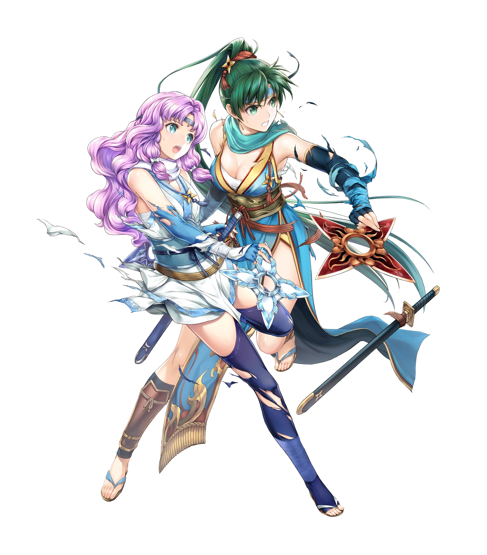 asian_clothes duplicate fire_emblem fire_emblem:_rekka_no_ken fire_emblem_heroes florina lyndis_(fire_emblem) ninja nintendo sarashi sword thighhighs torn_clothes weapon yamada_koutarou