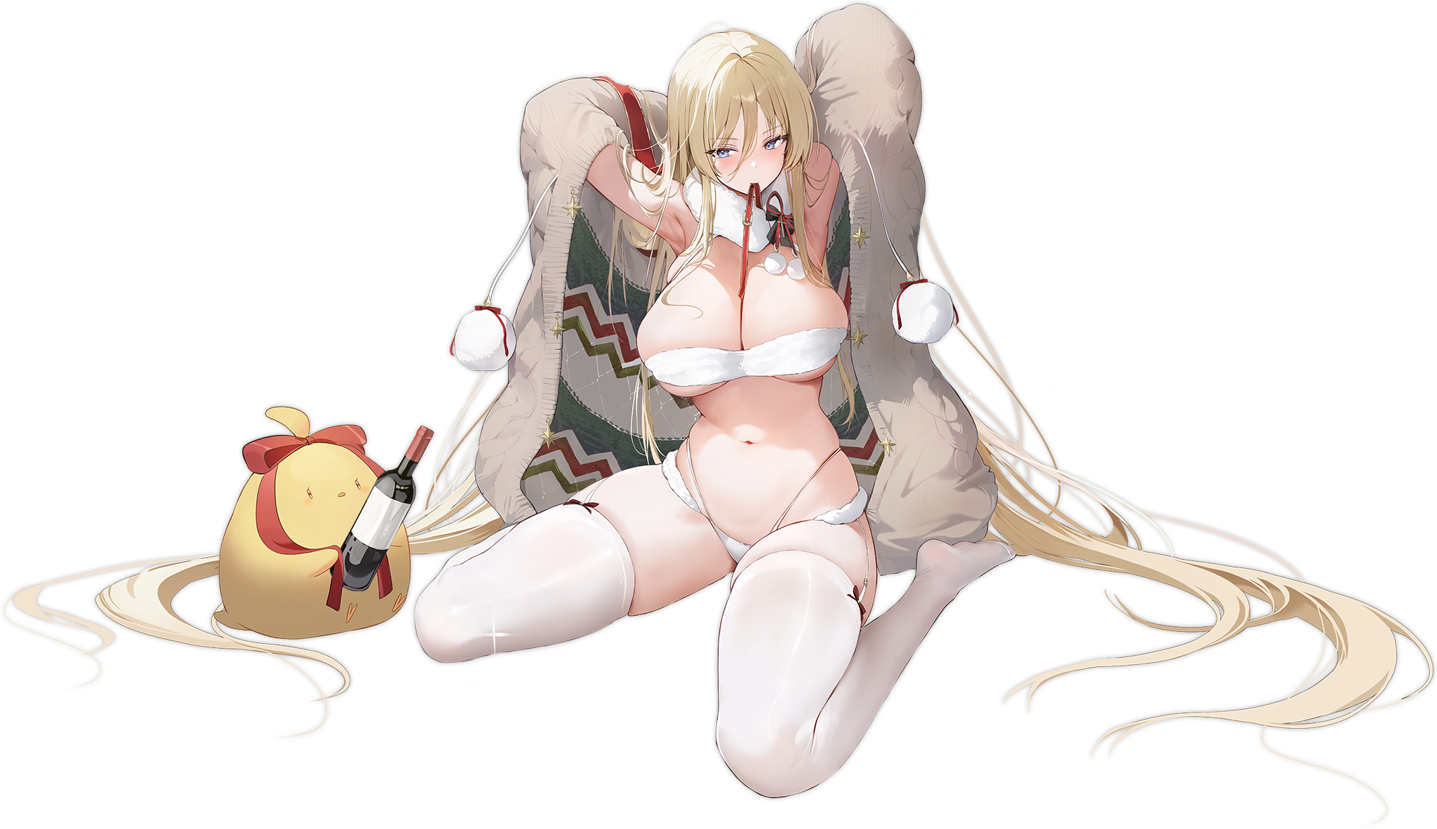 azur_lane bikini bismarck_(azur_lane) christmas kurumi_(recycllamo) manjuu_(azur_lane) open_shirt stockings sweater swimsuits thighhighs transparent_png