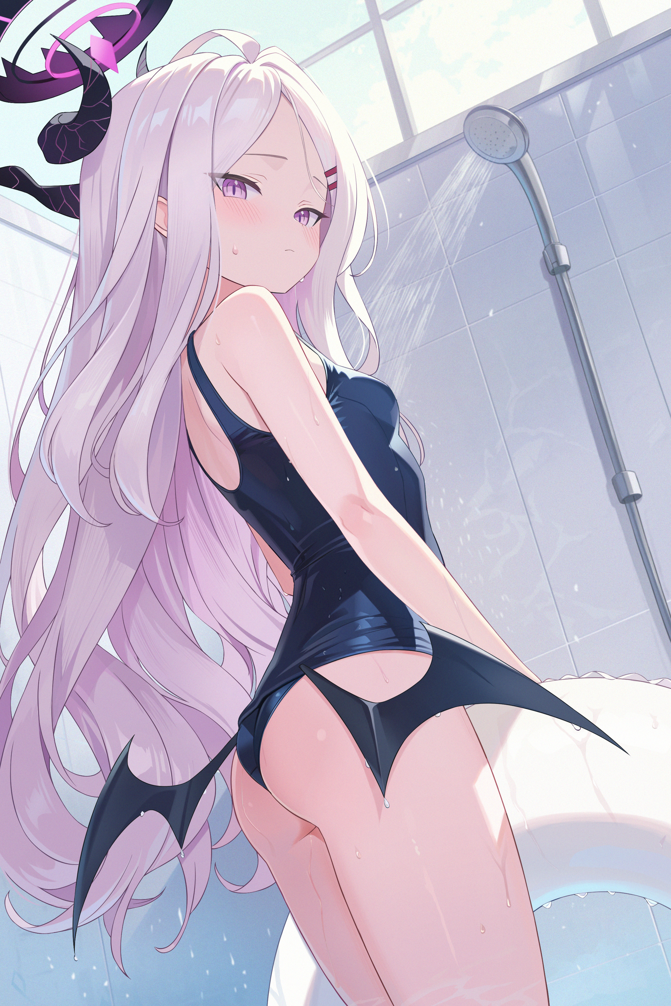 ass bathing blue_archive devil halo horns loli school_swimsuit sorasaki_hina swimsuits szkure. wet wings