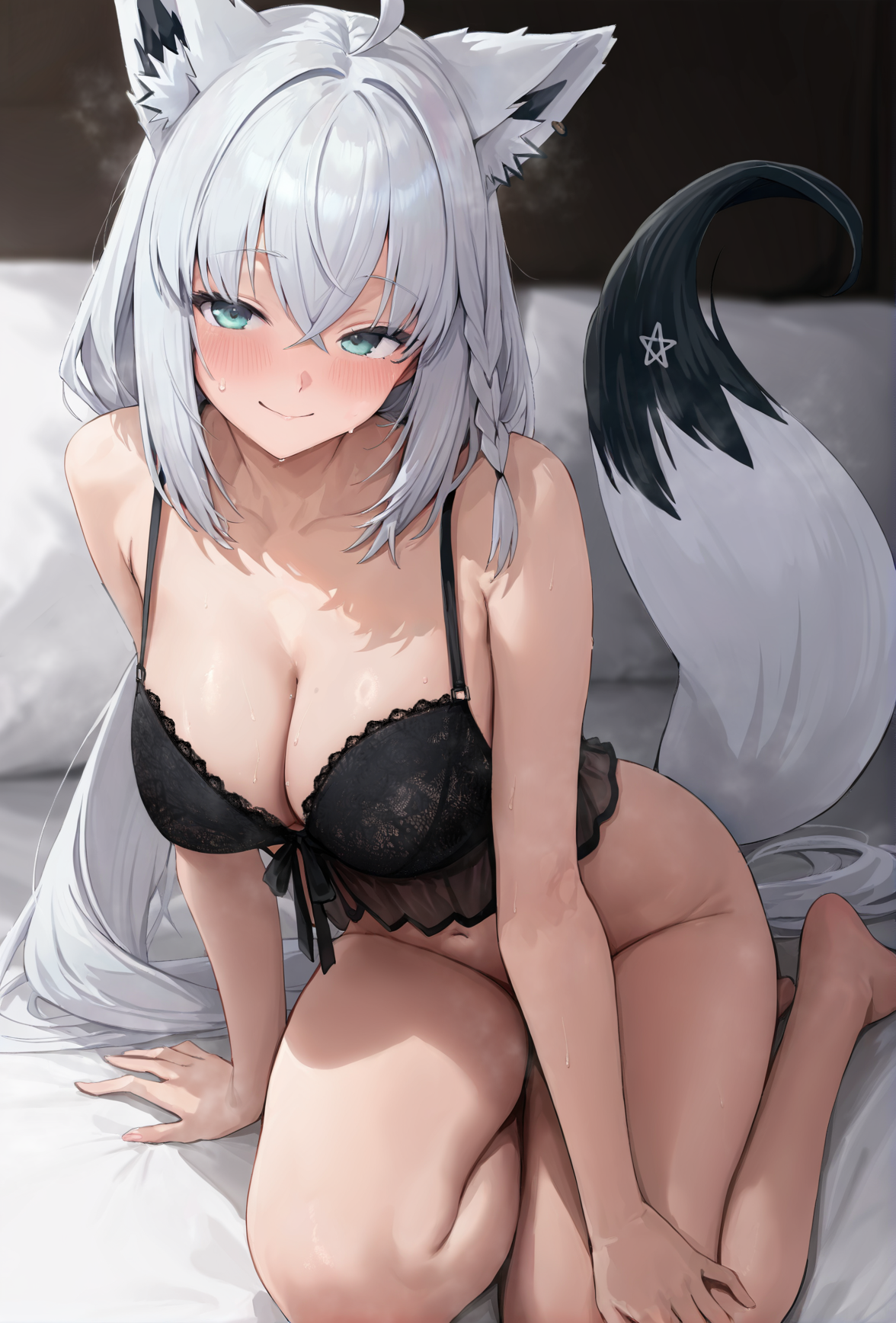 animal_ears bottomless bra curryandmoon hololive hololive_gamers kitsune lingerie see_through shirakami_fubuki tail wet