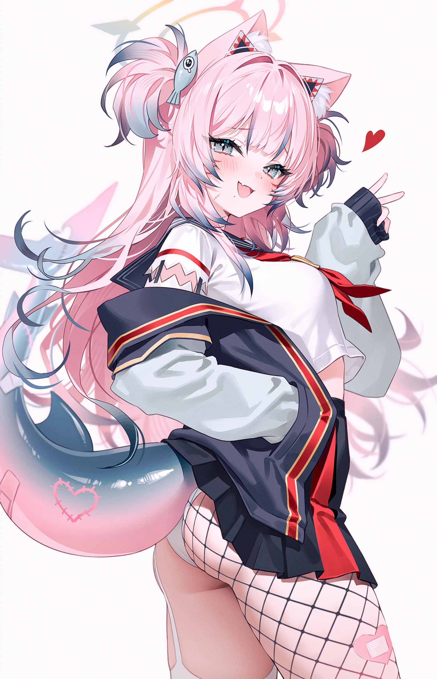 animal_ears bandaid fishnets fymrie halo pantsu seifuku skirt_lift stockings tail thighhighs