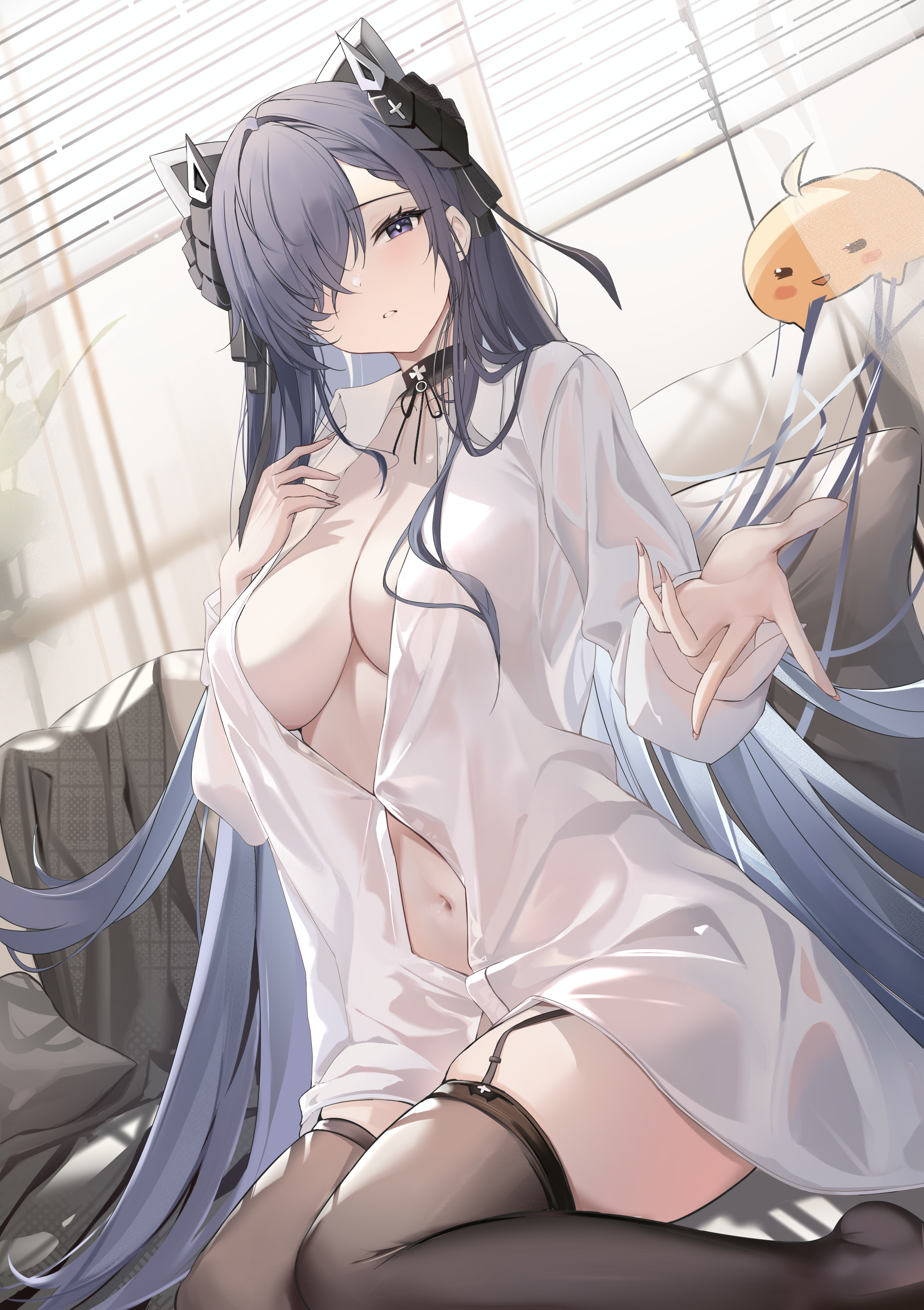 1nstill august_von_parseval_(azur_lane) azur_lane dress_shirt horns manjuu_(azur_lane) no_bra open_shirt see_through stocking stockings thighhighs