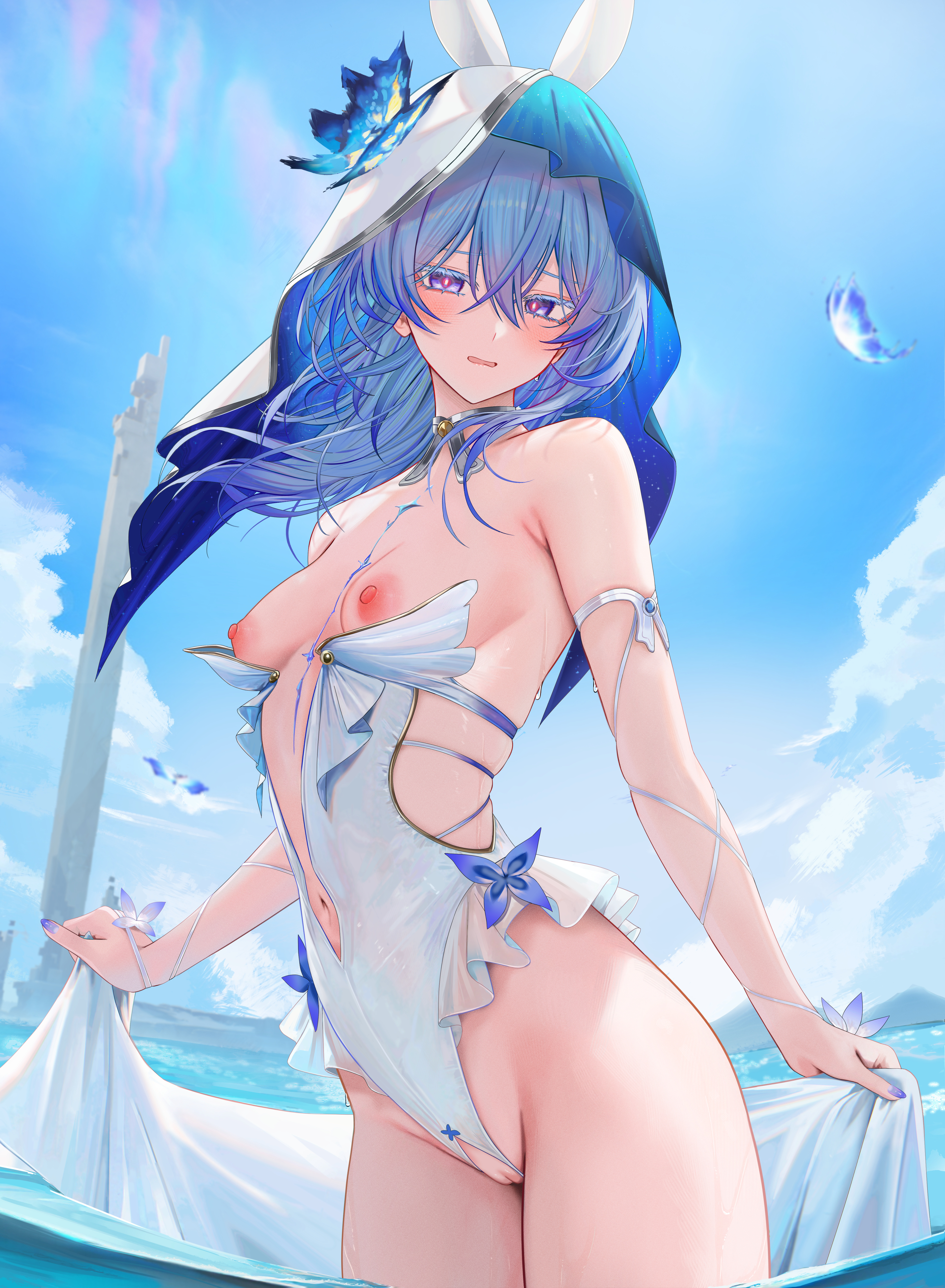 animal_ears breasts bunny_ears bunny_girl nipples no_bra nopan pussy ru_zhai see_through shorekeeper uncensored wet wuthering_waves