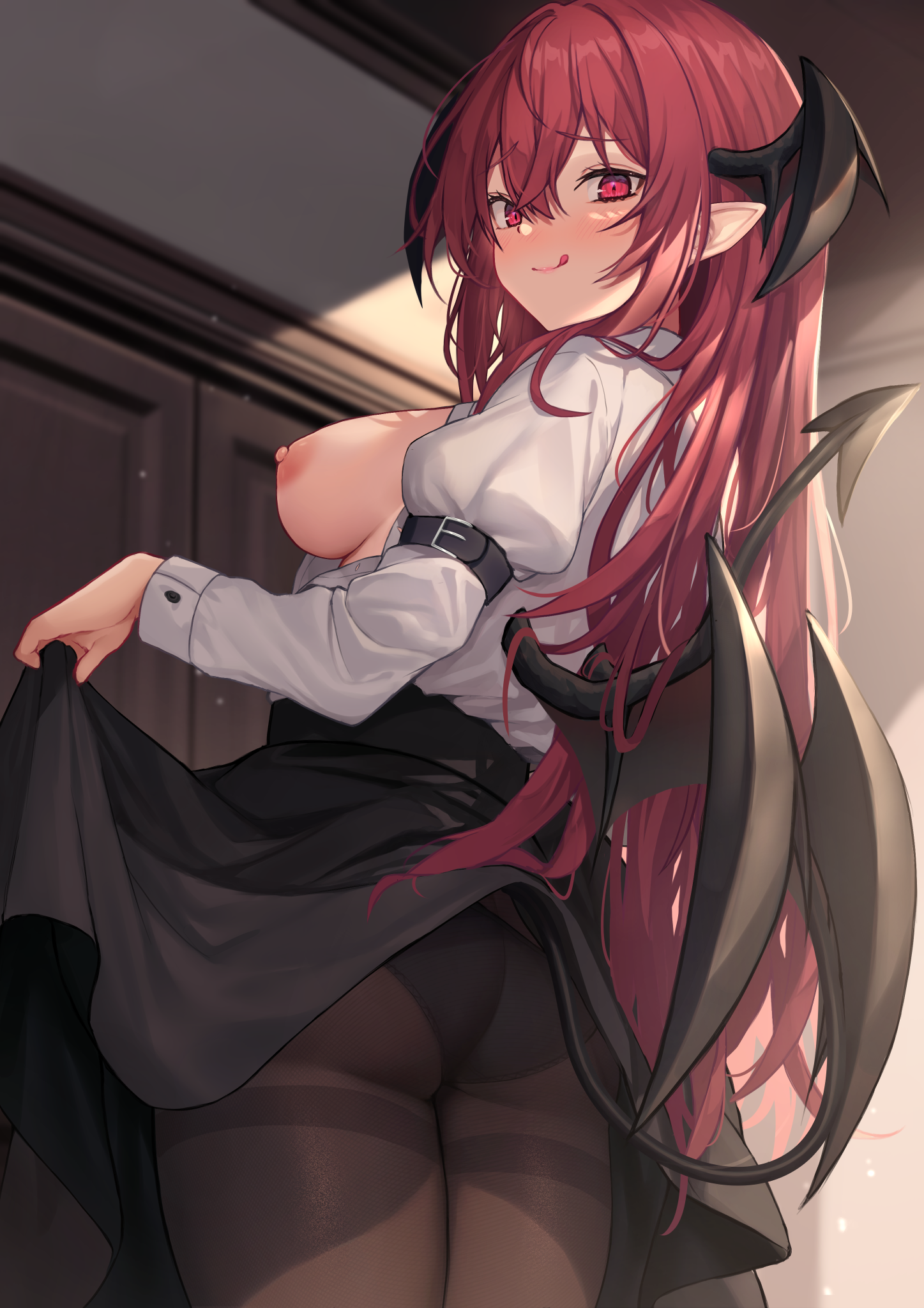 ass koakuma nipples no_bra open_shirt pantsu pantyhose pointy_ears skirt_lift touhou wings wowoguni