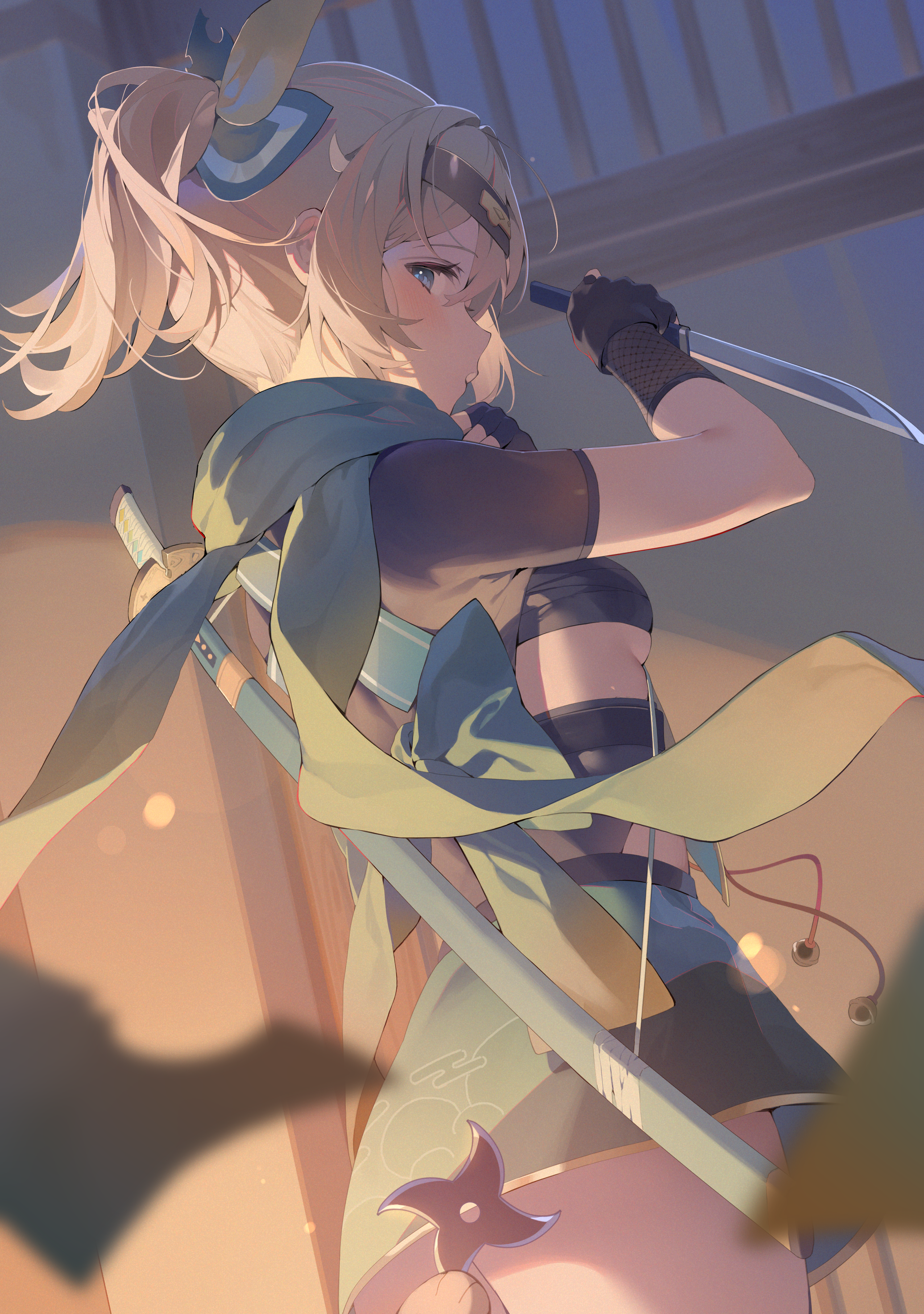 fishnets hana_mori hololive japanese_clothes kazama_iroha ninja sarashi sword weapon