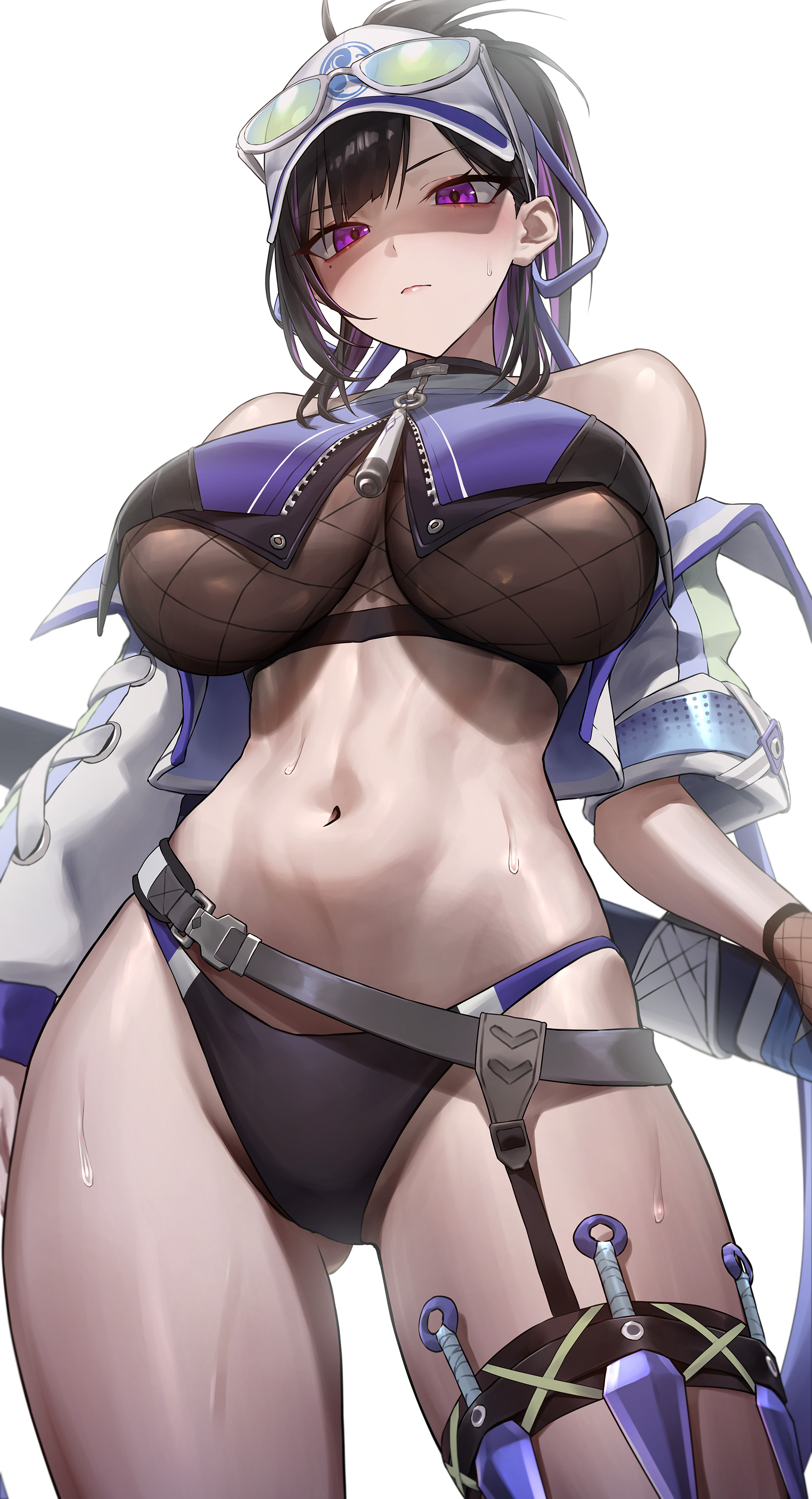 bikini black_survival eternal_return:_black_survival fishnets garter megane monegi open_shirt swimsuits sword tsubame_(black_survival) weapon wet