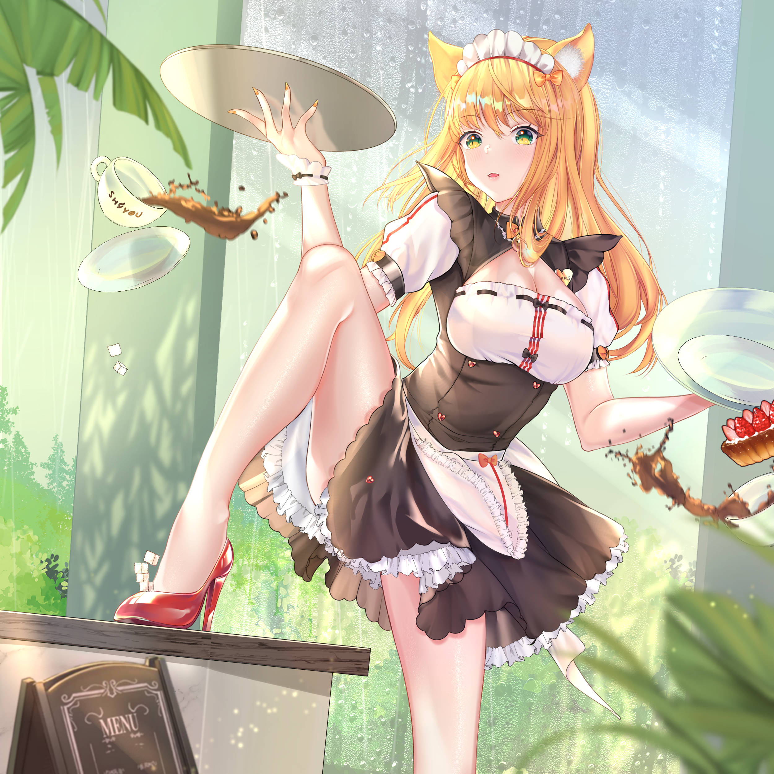 animal_ears cleavage heels maid maple_(nekopara) nekomimi nekopara shiiyou skirt_lift waitress