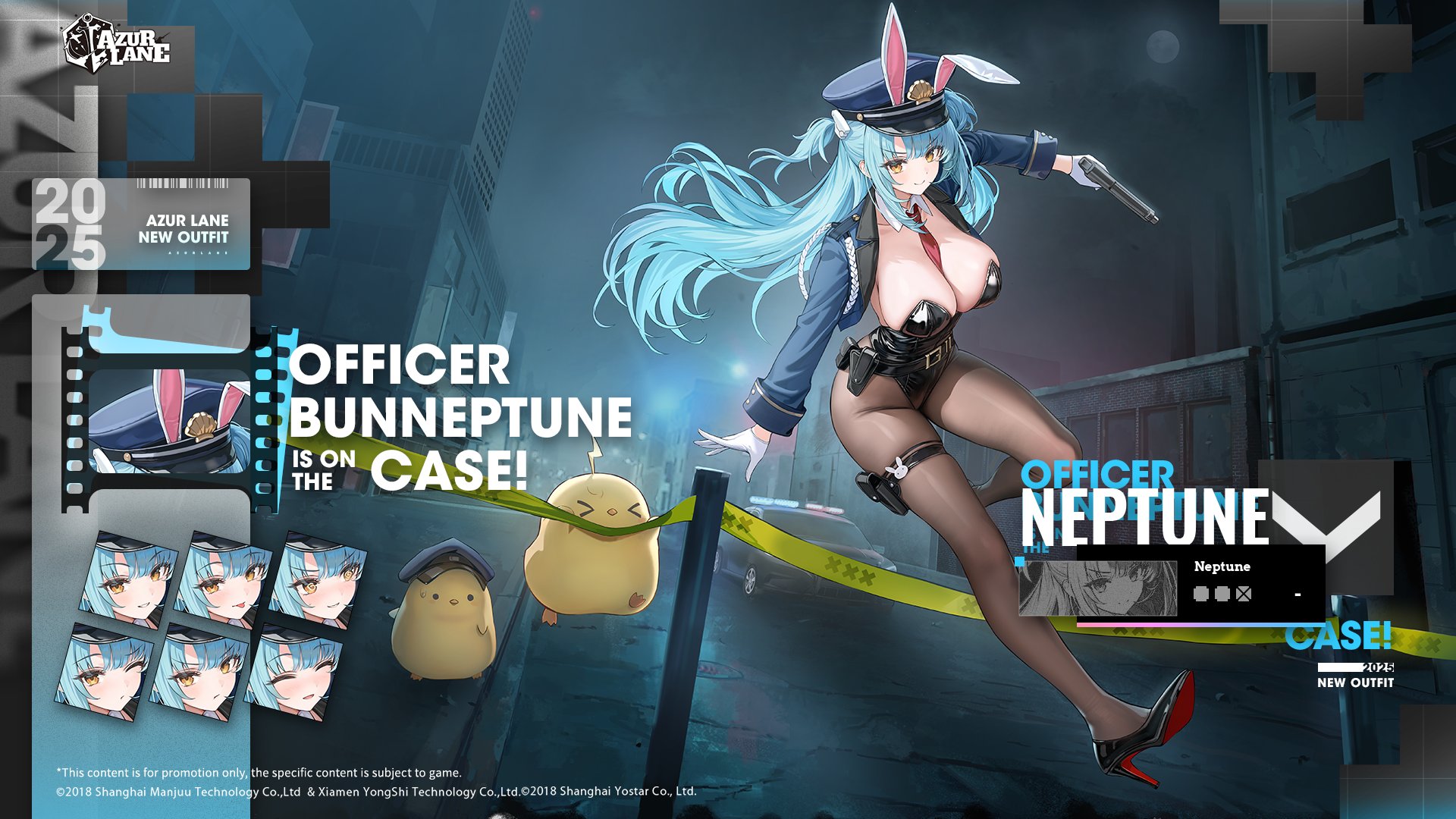 animal_ears azur_lane bunny_ears bunny_girl expression garter gun heels manjuu_(azur_lane) neptune_(azur_lane) pantyhose police_uniform tagme wallpaper