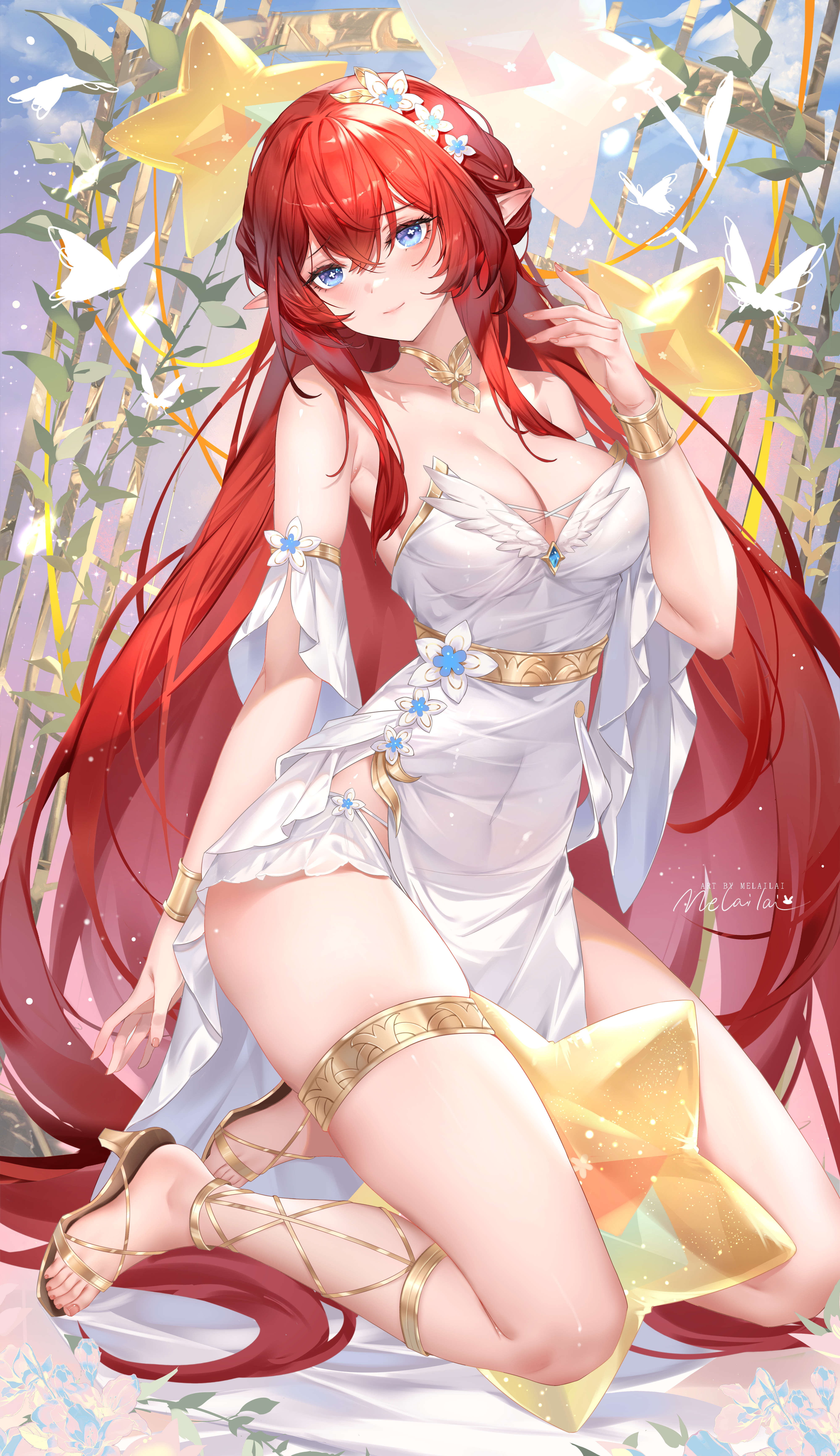 dress garter heels honkai:_star_rail melailai no_bra pantsu pointy_ears see_through tribios