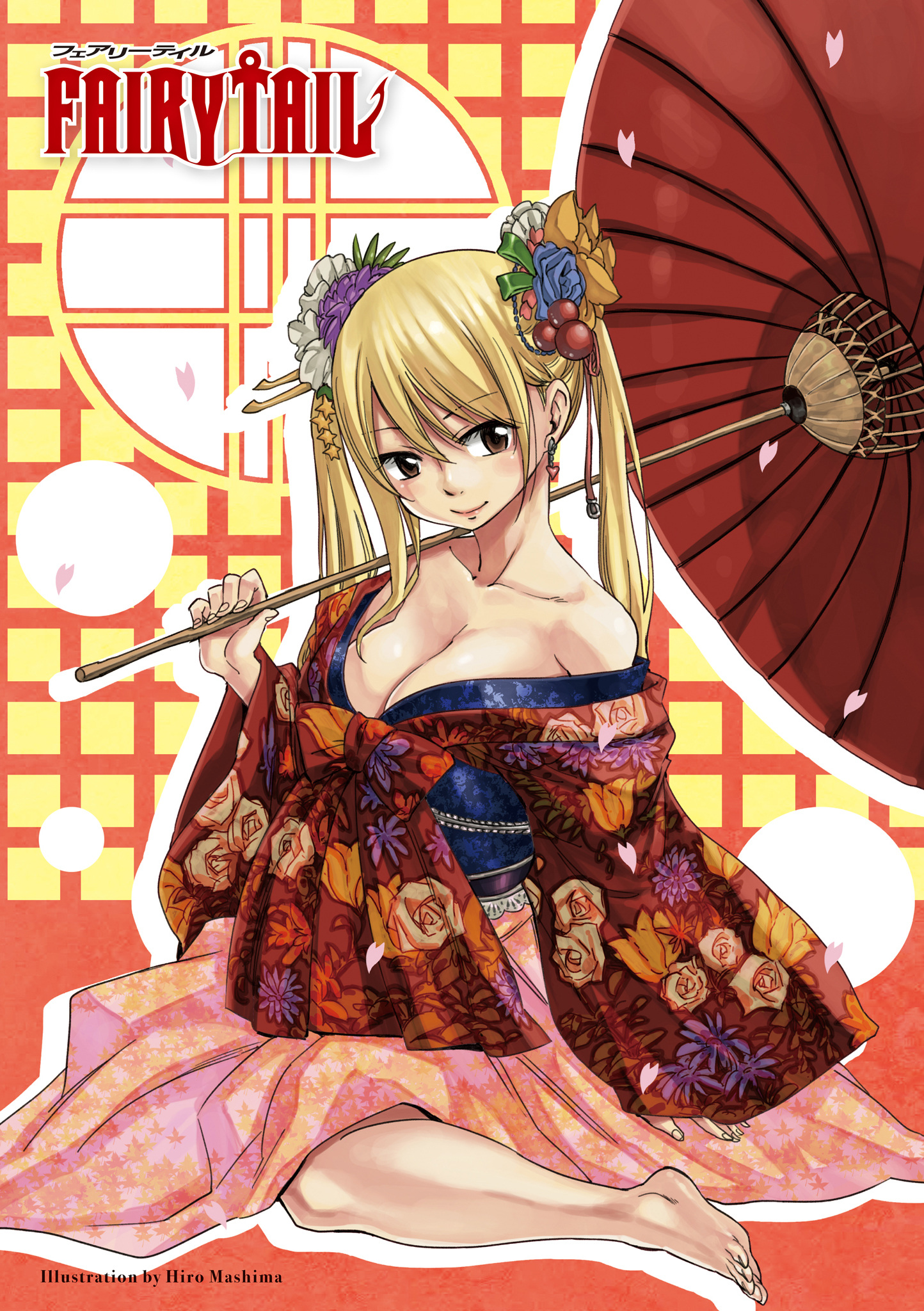 cleavage fairy_tail japanese_clothes lucy_heartfilia mashima_hiro open_shirt umbrella