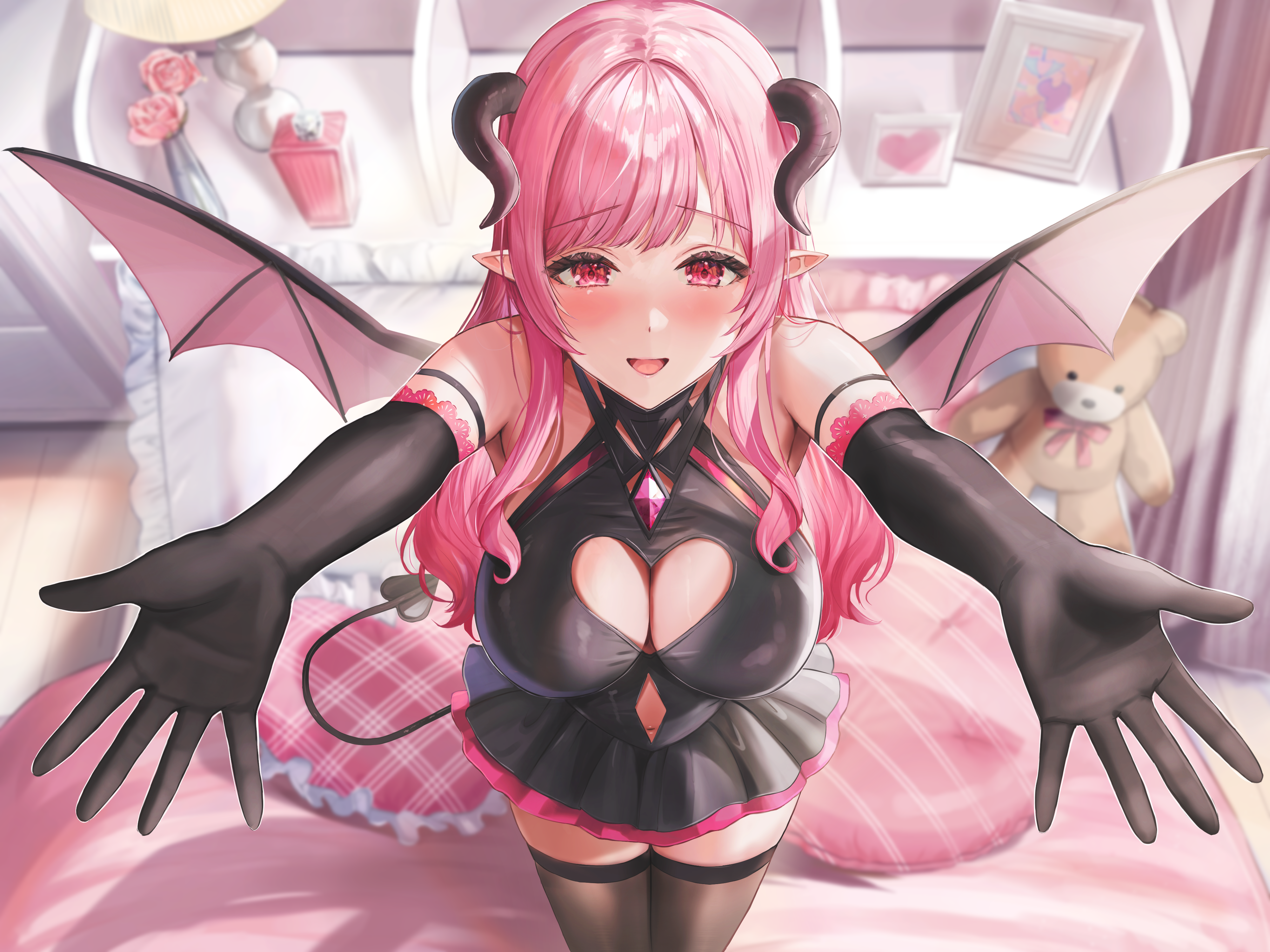 devil horns pointy_ears sakamuke tail thighhighs wings