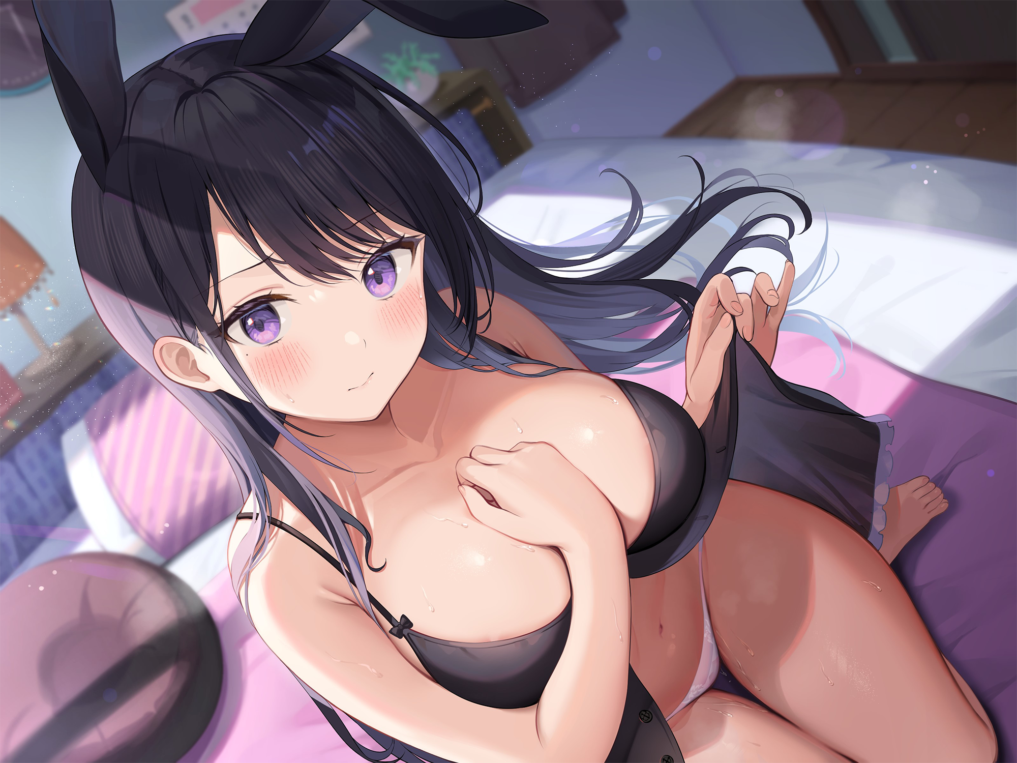 ale_nqki animal_ears bunny_ears lingerie pantsu skirt_lift wet wet_clothes