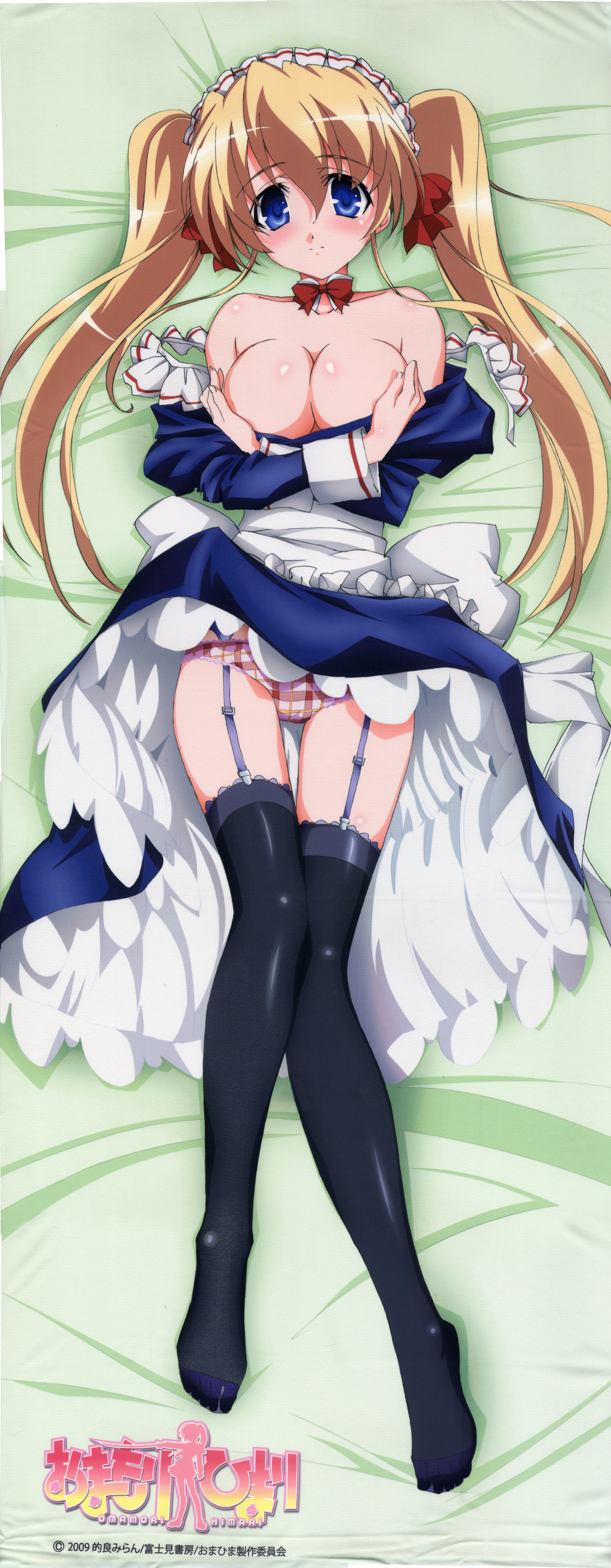 breast_hold breasts cleavage dakimakura dress garter_belt isono_satoshi jpeg_fix lizlet_l_chelsie maid no_bra omamori_himari pantsu skirt_lift stockings thighhighs